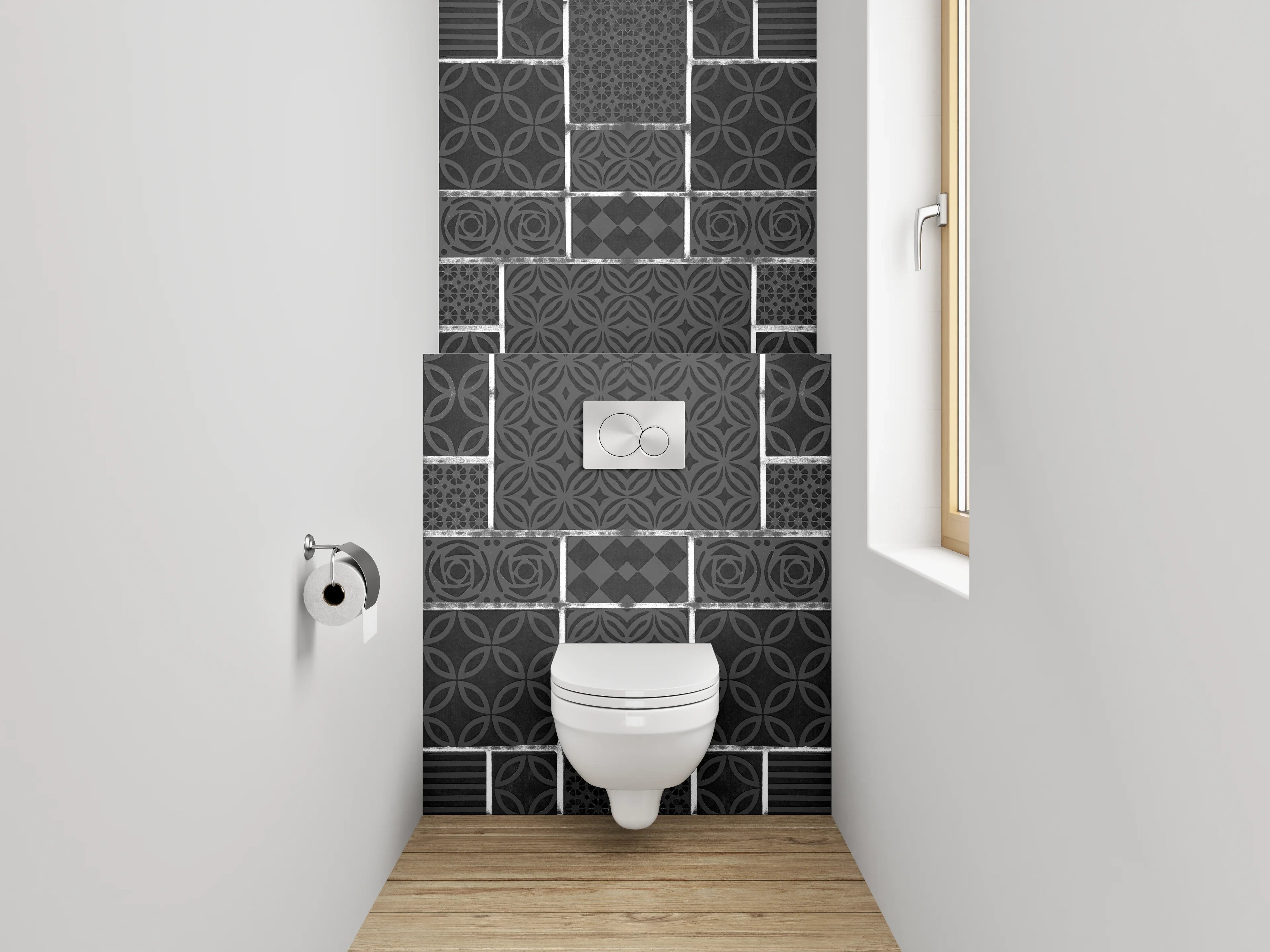 WC-Rückwand - Modernes Fliesenmuster in Schwarz-Weiß