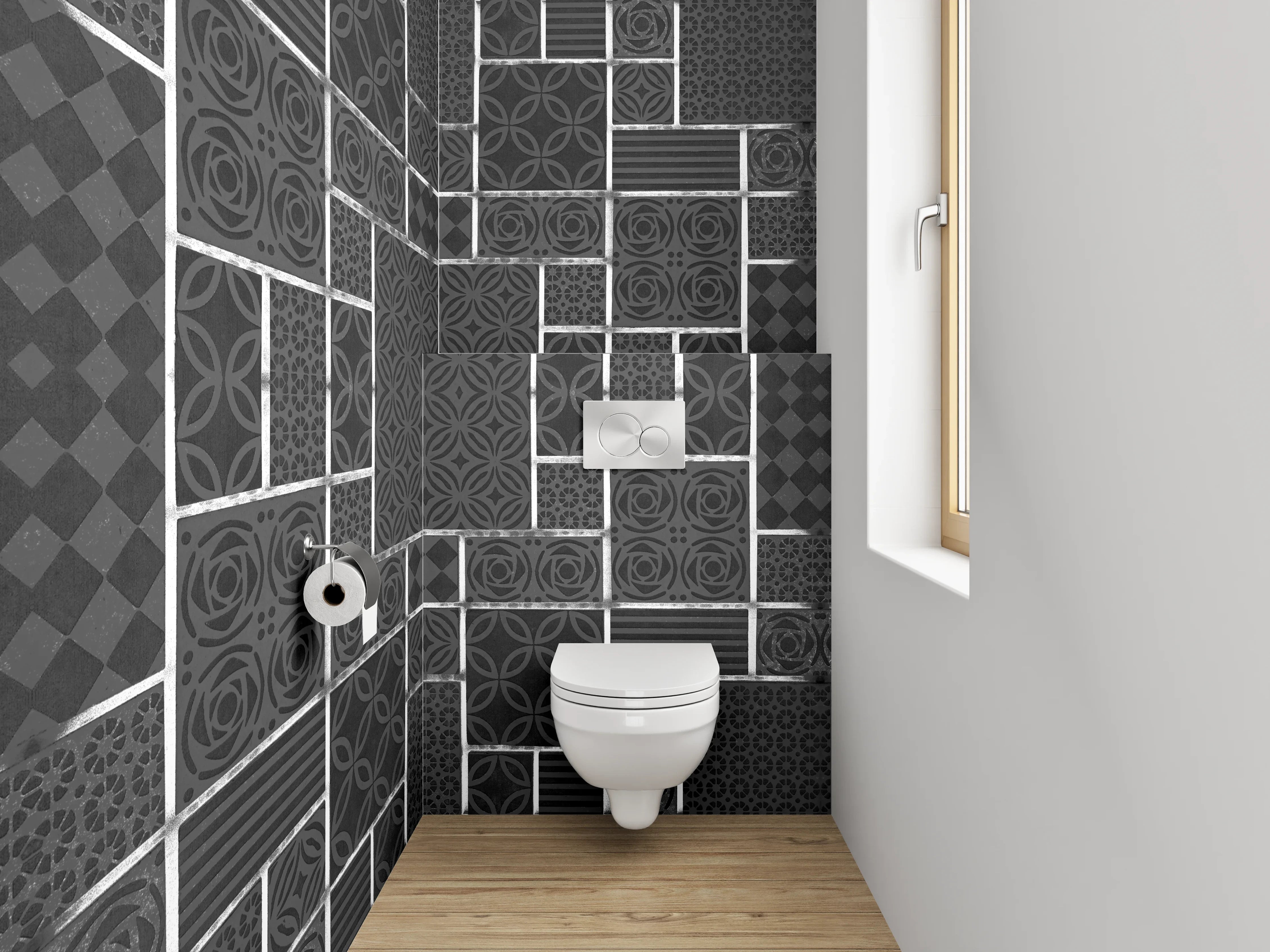 WC-Rückwand - Modernes Fliesenmuster in Schwarz-Weiß