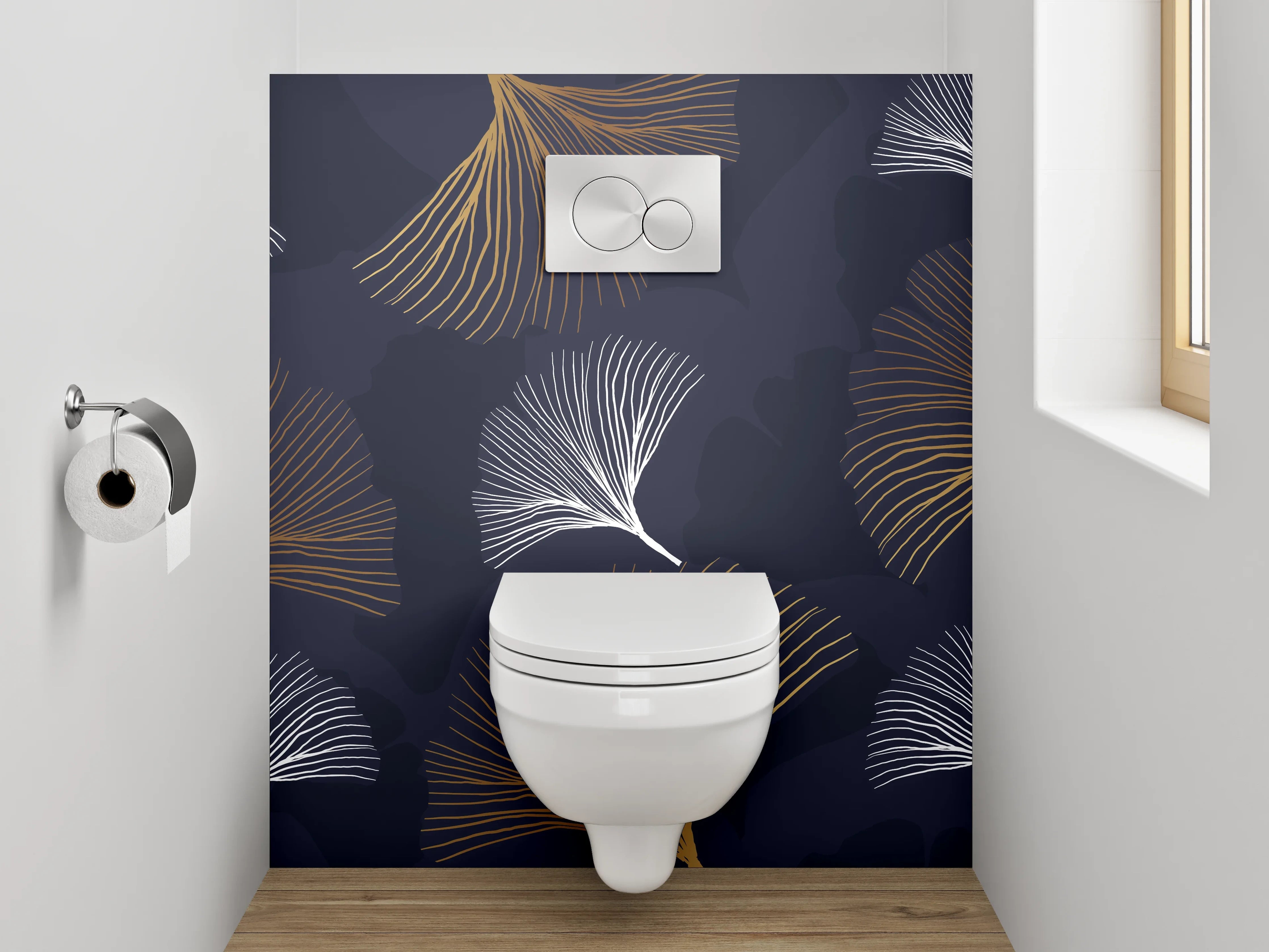 WC-Rückwand - Modernes Ginkgo-Blatt Muster Dunkelblau-Gold