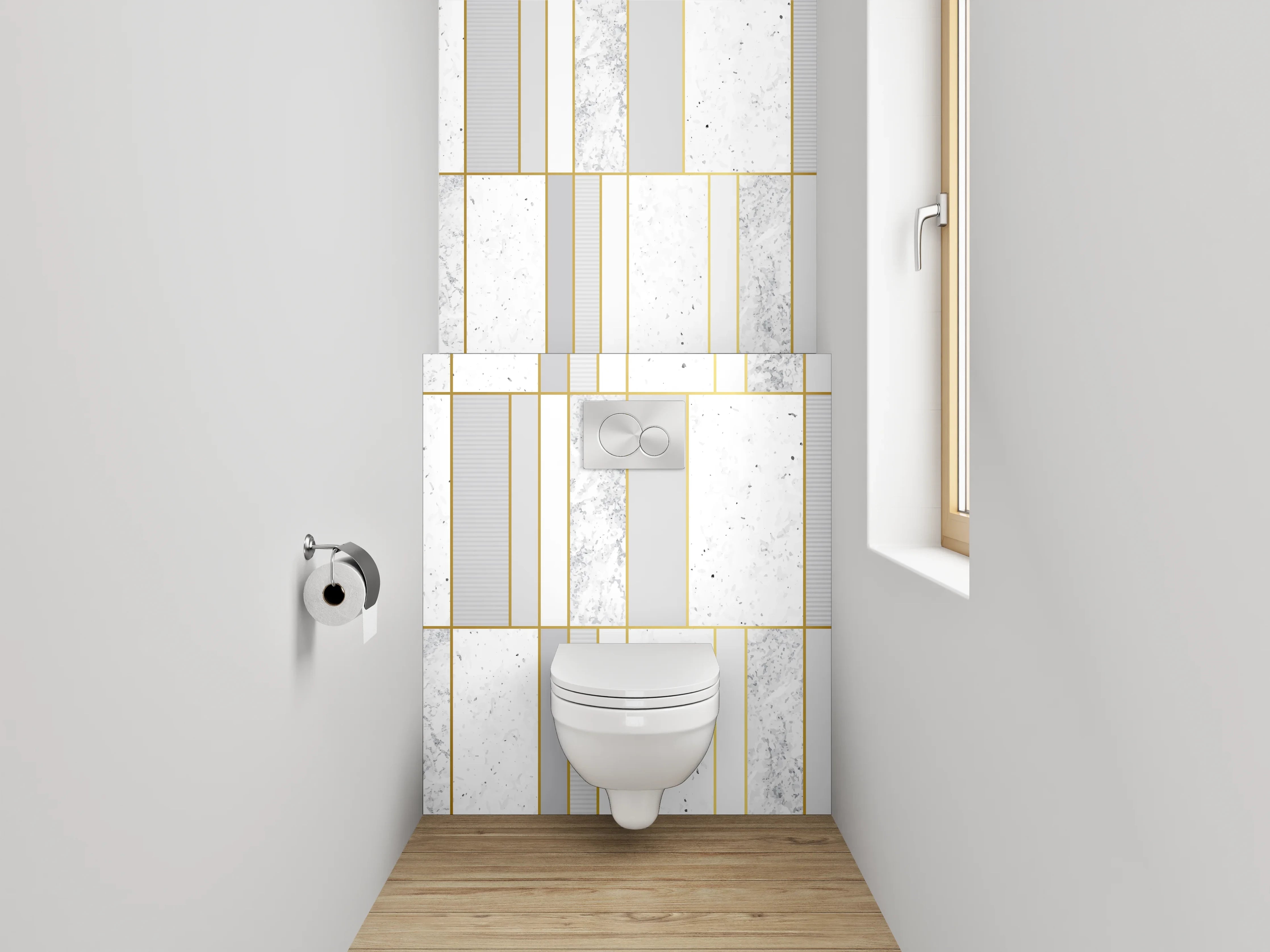 WC-Rückwand - Modernes Marmor-Gold Fliesenmuster Weiß Grau
