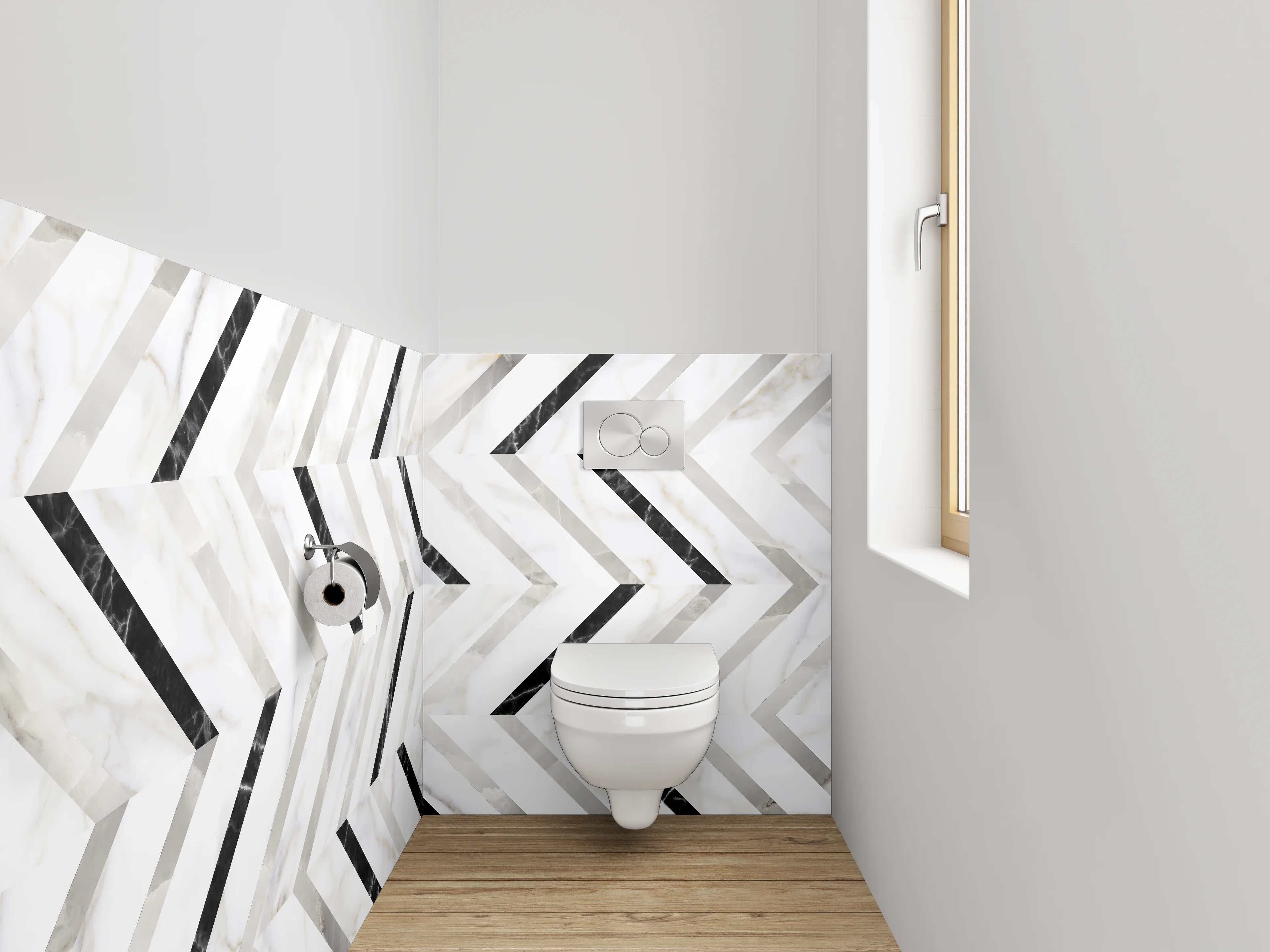 WC-Rückwand - Modernes Marmor-Zickzack in Weiß und Grau