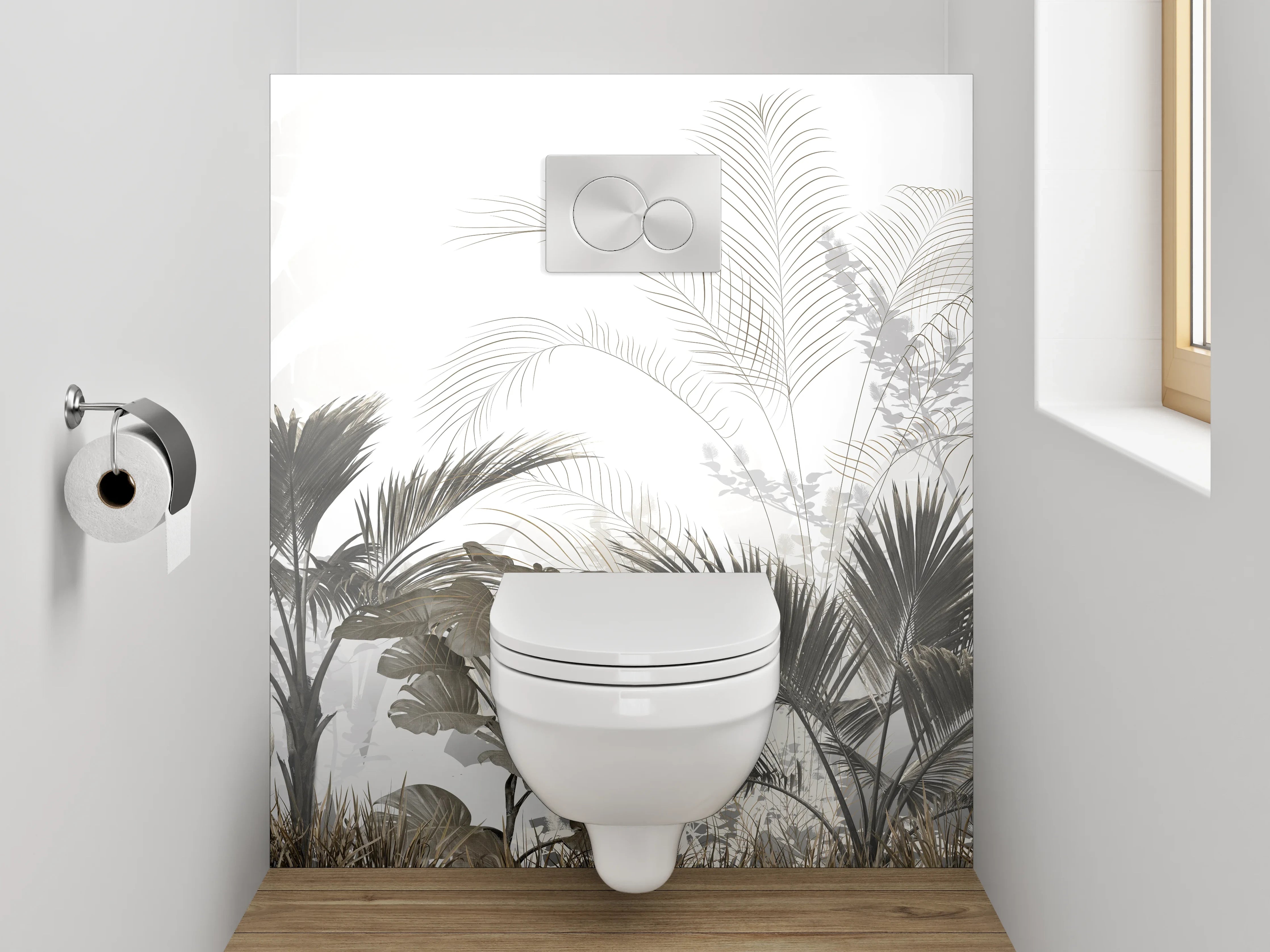 WC-Rückwand - Modernes Palmendesign in Weiß-Grau