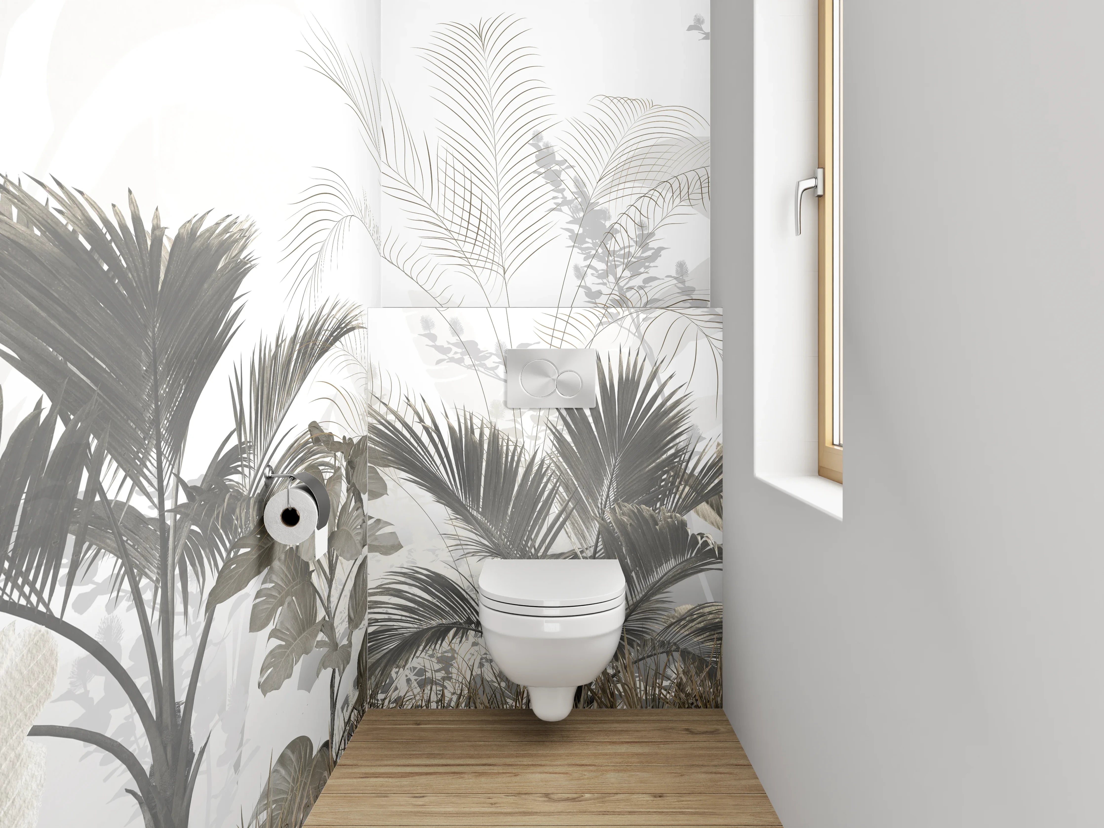 WC-Rückwand - Modernes Palmendesign in Weiß-Grau