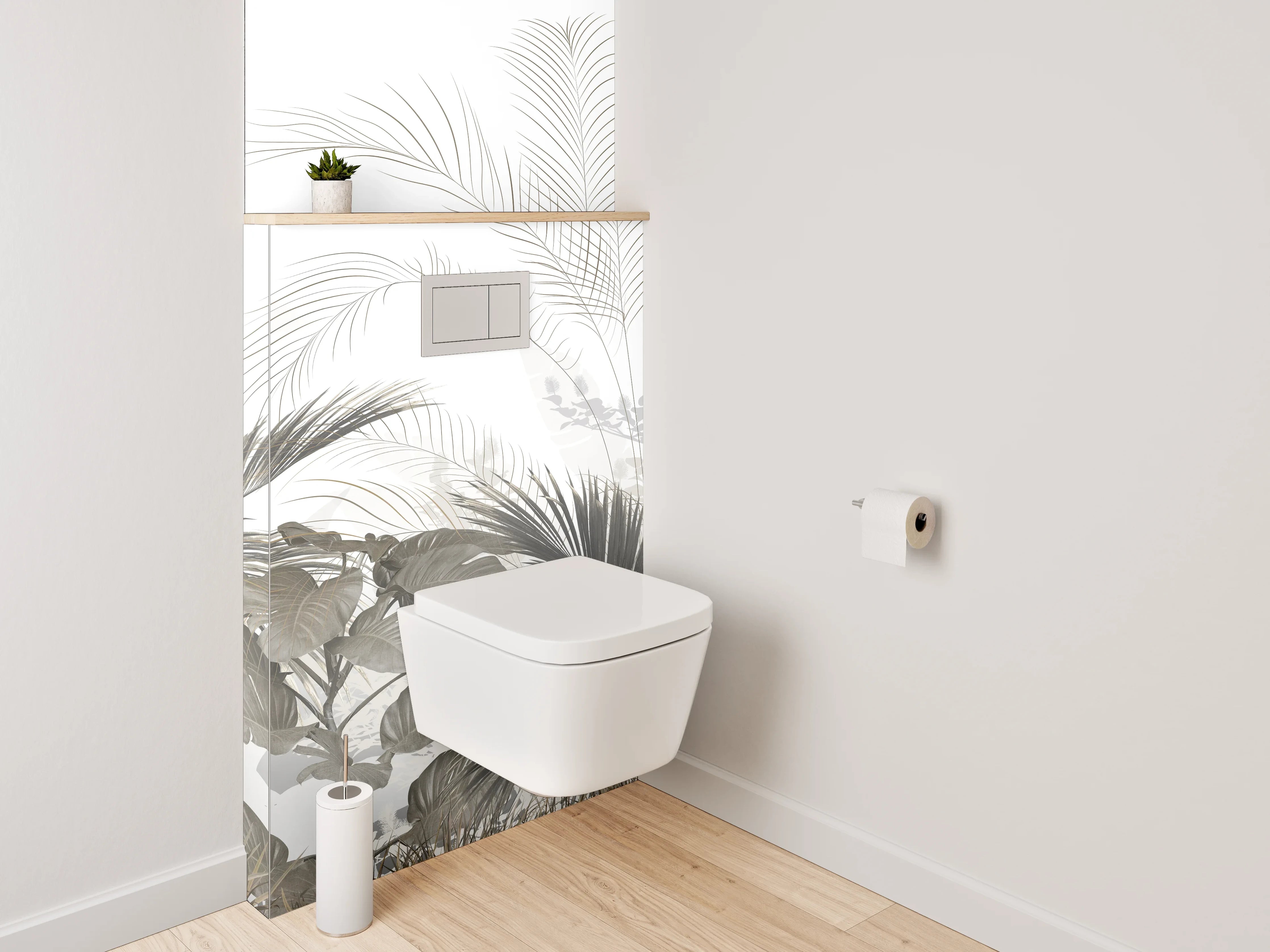 WC-Rückwand - Modernes Palmendesign in Weiß-Grau