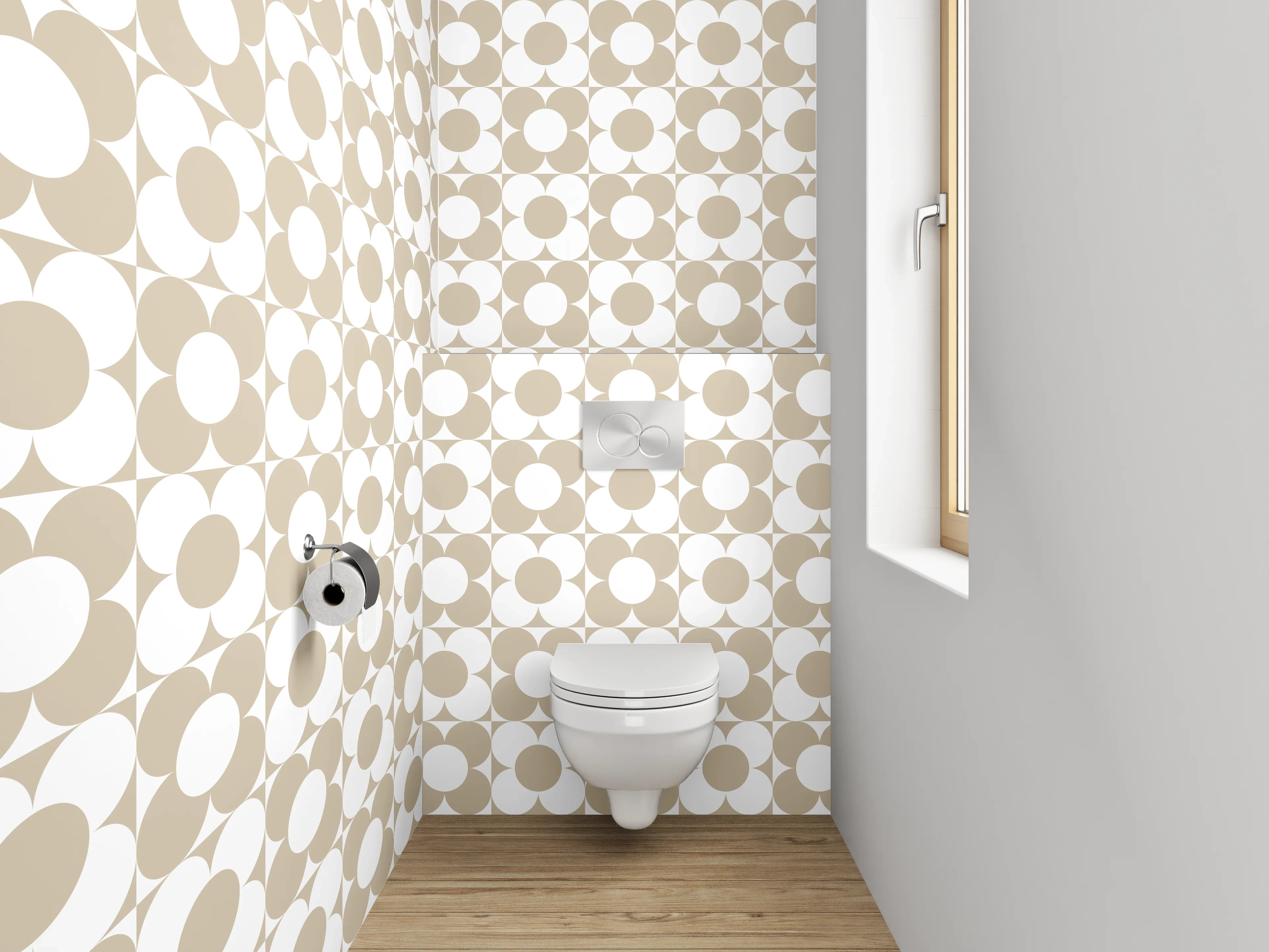 WC-Rückwand - Modernes Retro-Kreismuster Beige Weiß