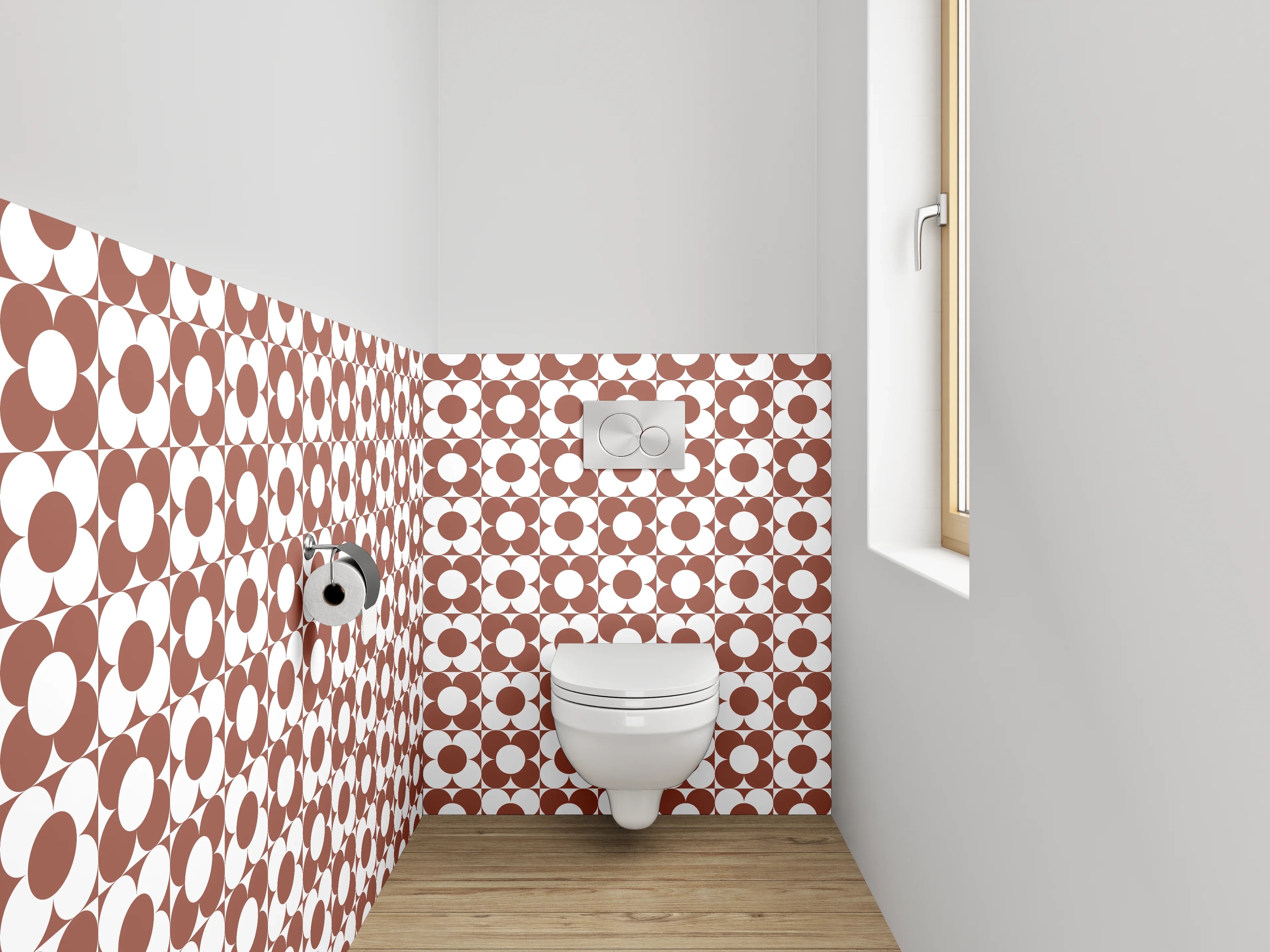 WC-Rückwand - Modernes Retro-Muster in Braun Weiß