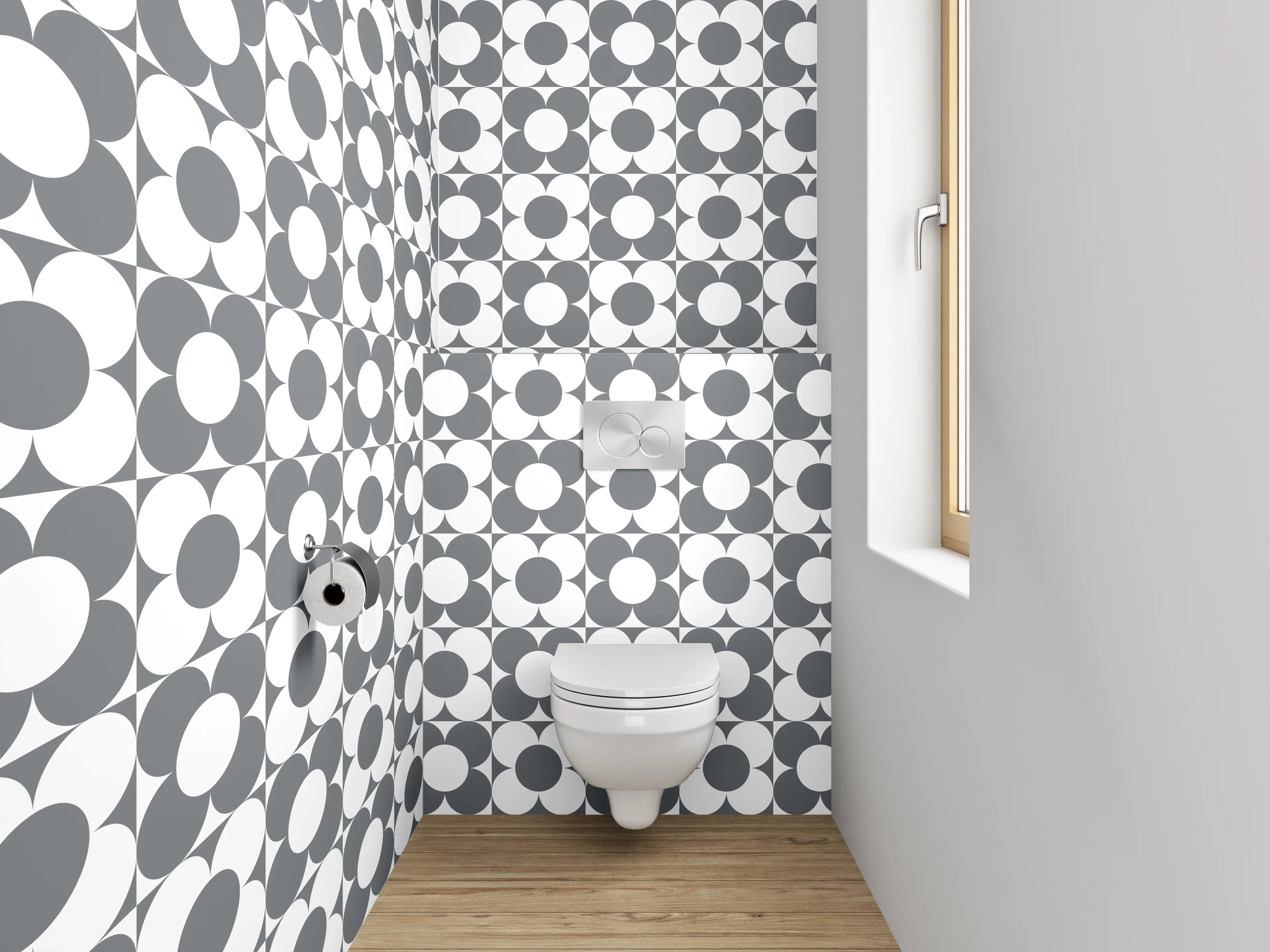WC-Rückwand - Modernes Rundmuster in Weiß-Grau