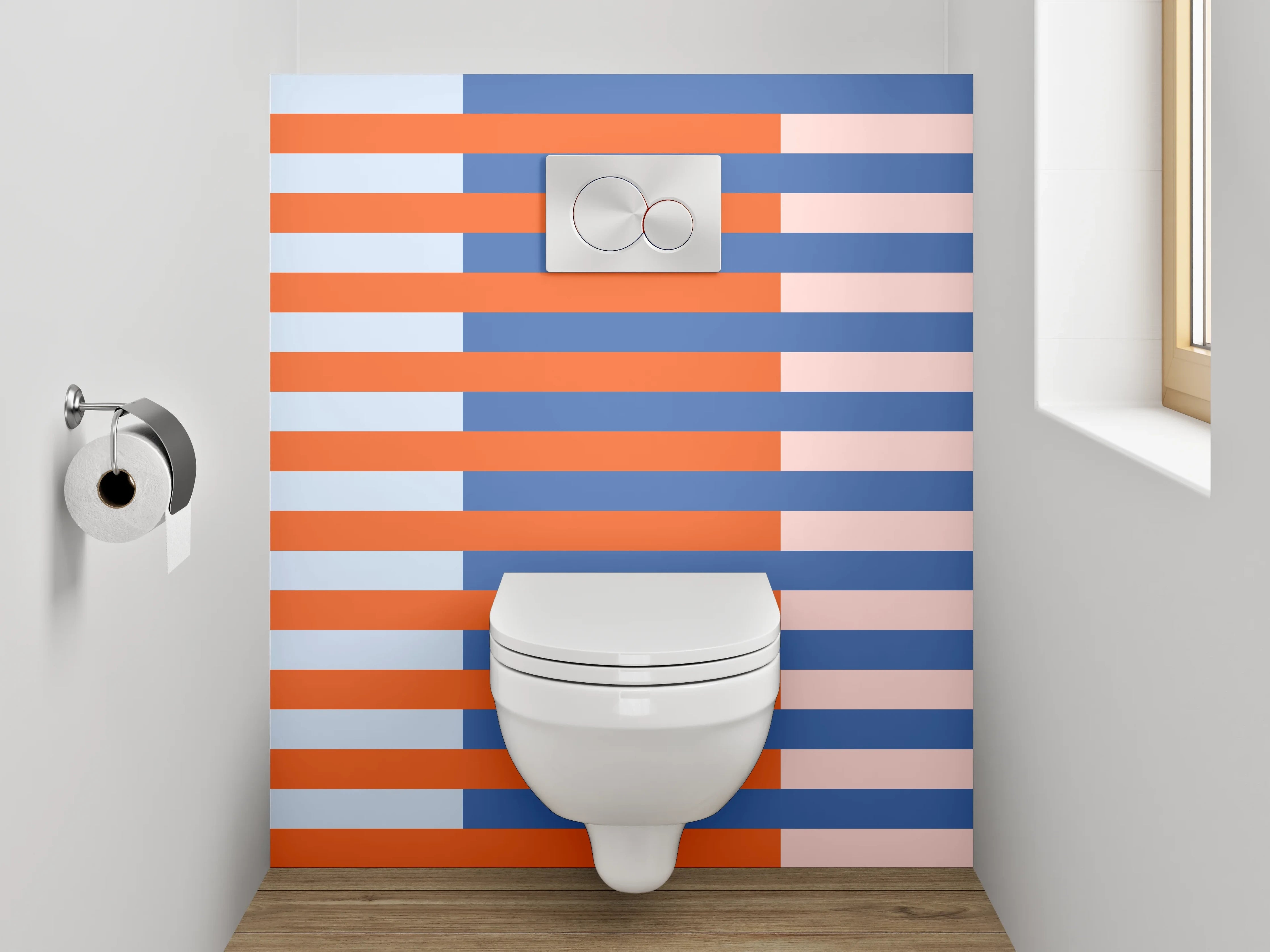 WC-Rückwand - Modernes Streifenmuster in Blau und Orange