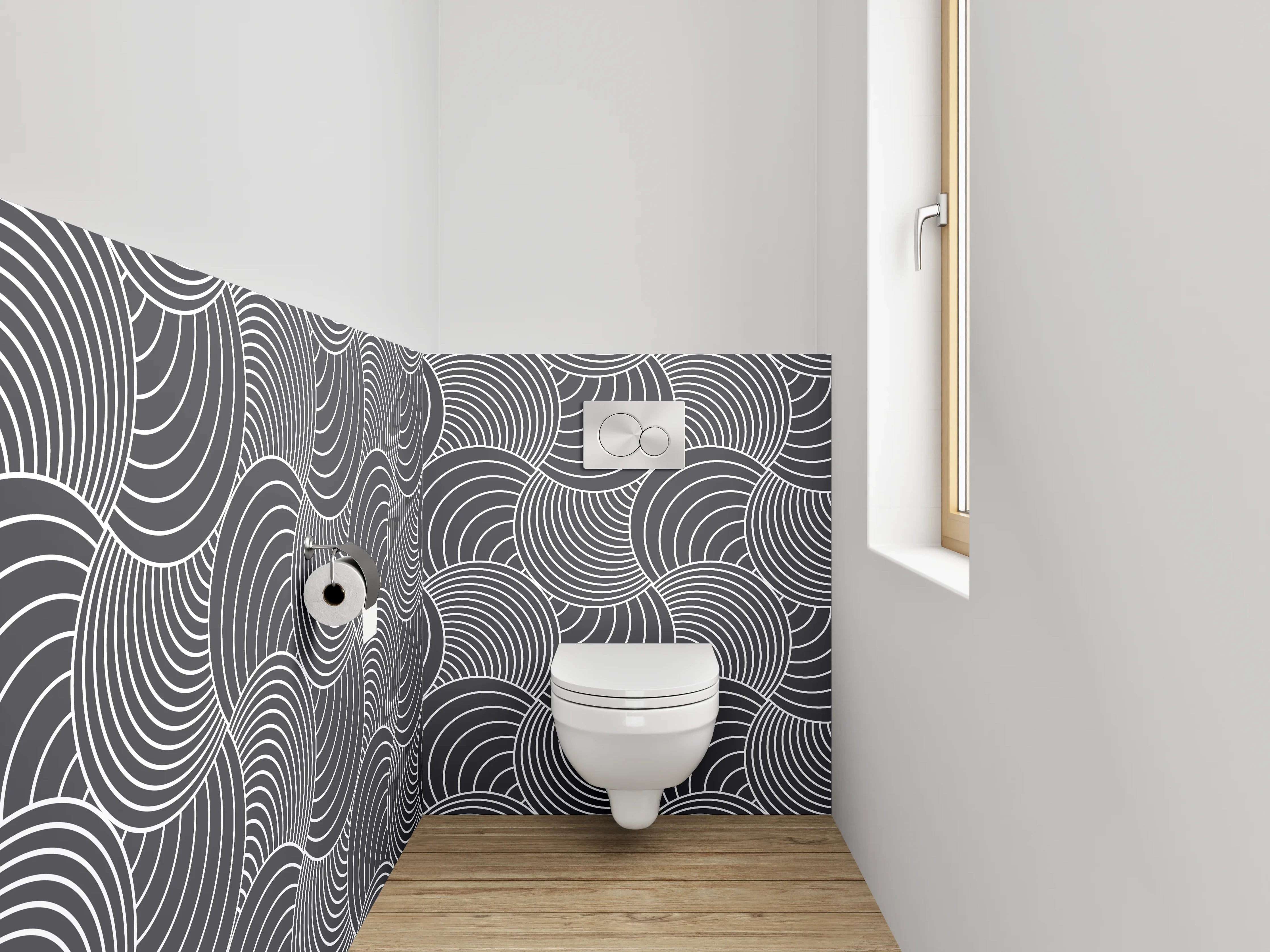 WC-Rückwand - Modernes Wellenmuster Schwarz-Weiß