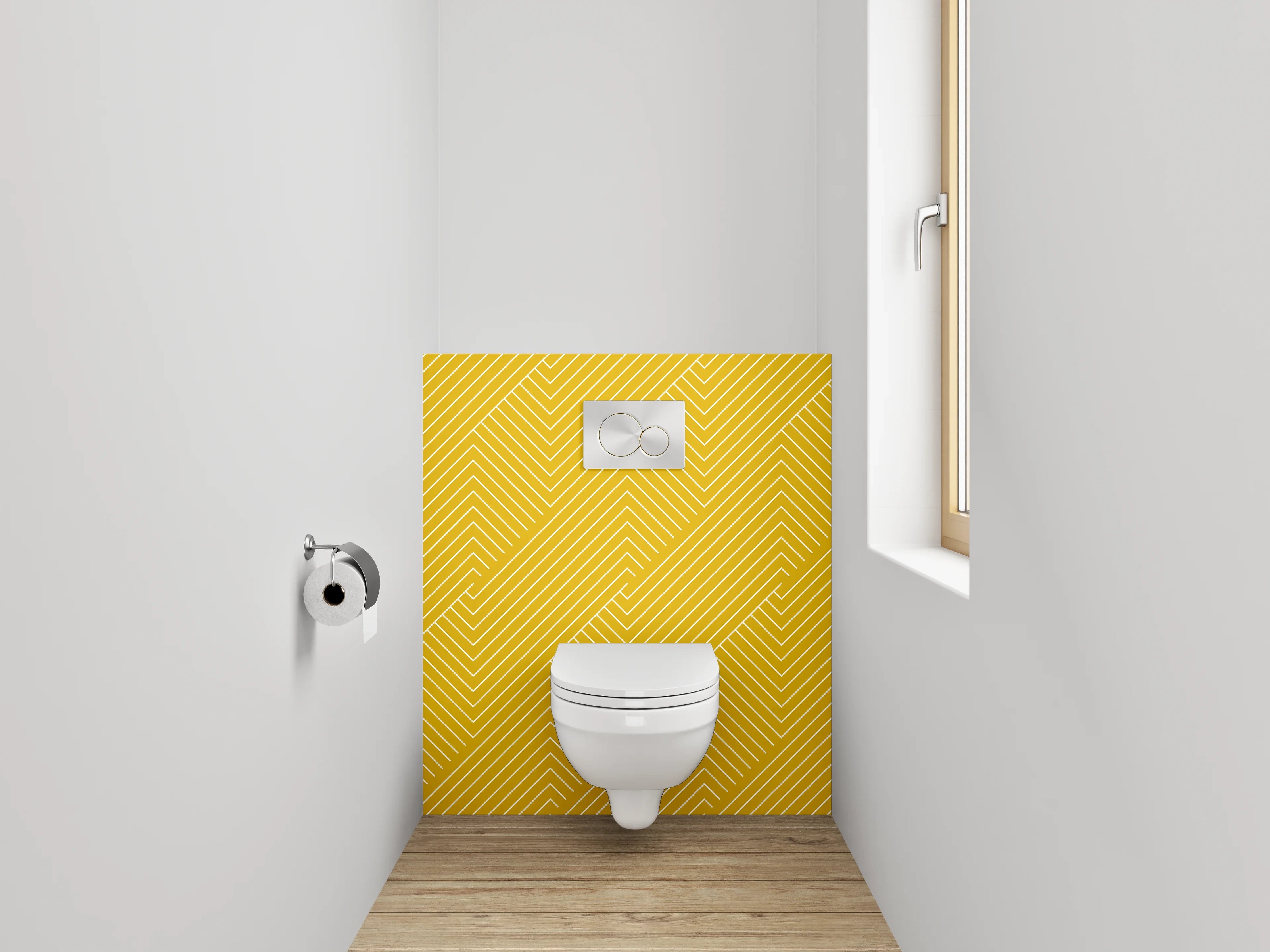 WC-Rückwand - Modernes gelbes Linienmuster als Akzentwand