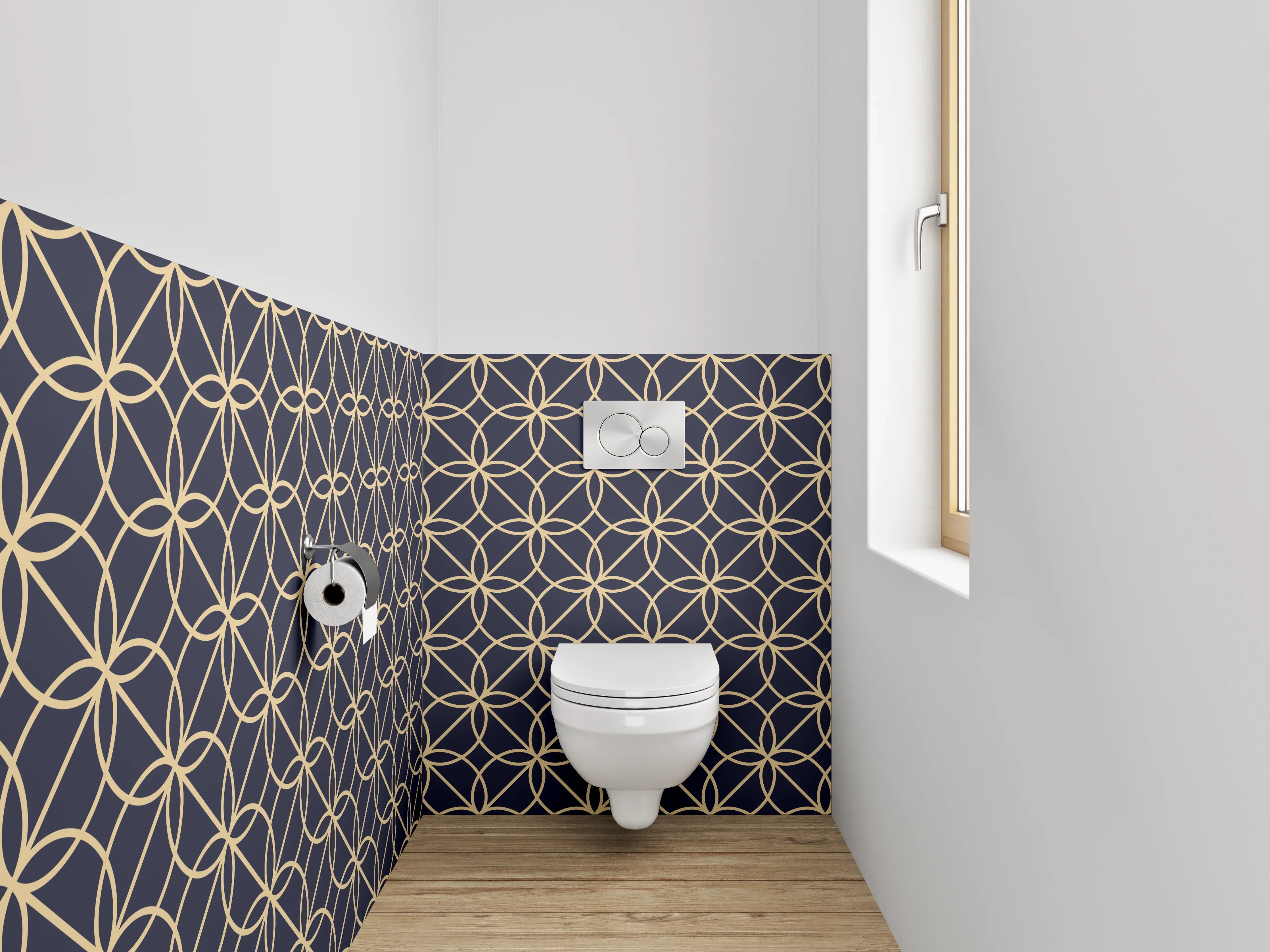 WC-Rückwand - Modernes geometrisches Muster in Gold und Dunkelblau
