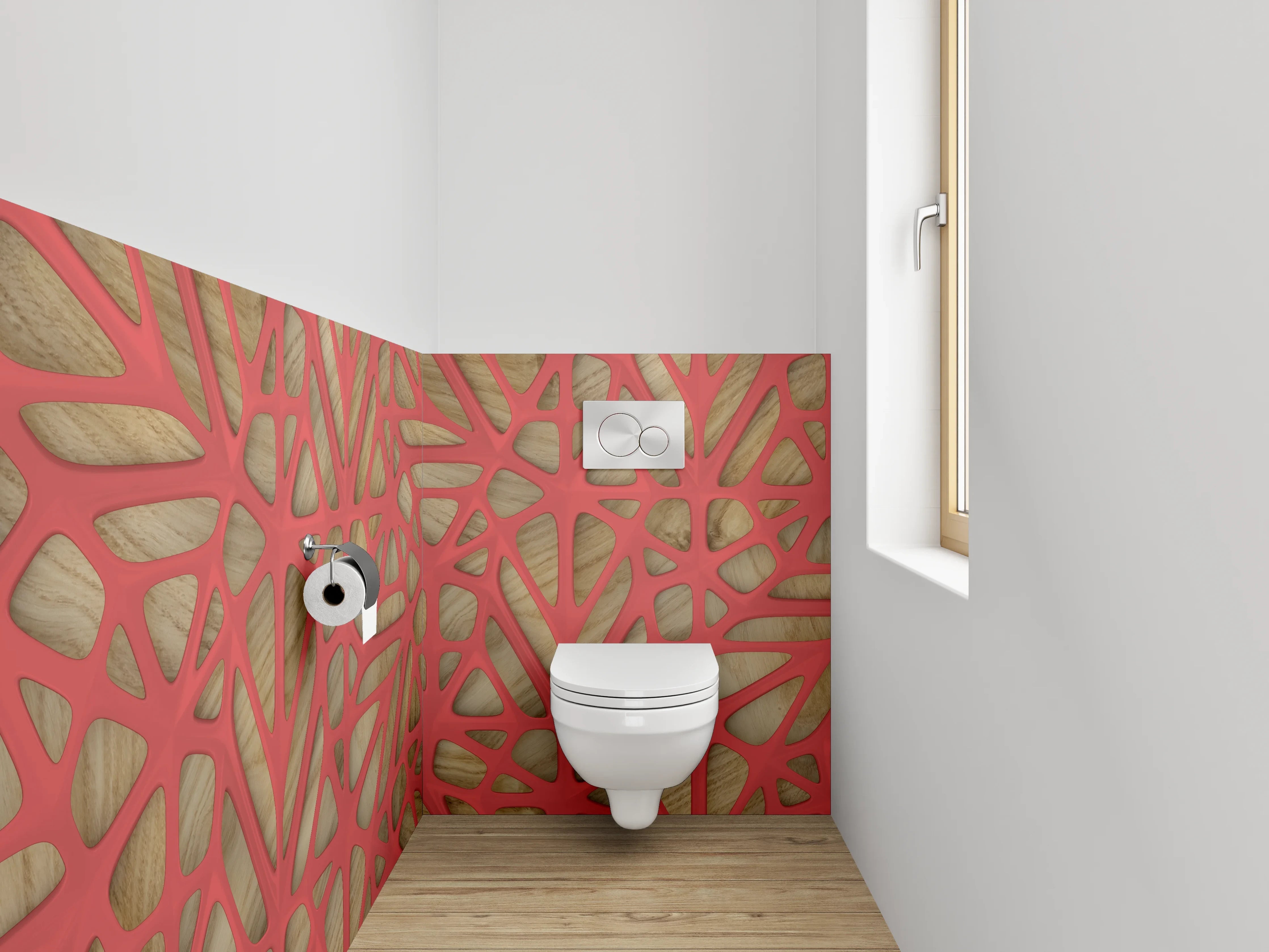 WC-Rückwand - Modernes geometrisches Netz Holz Rot