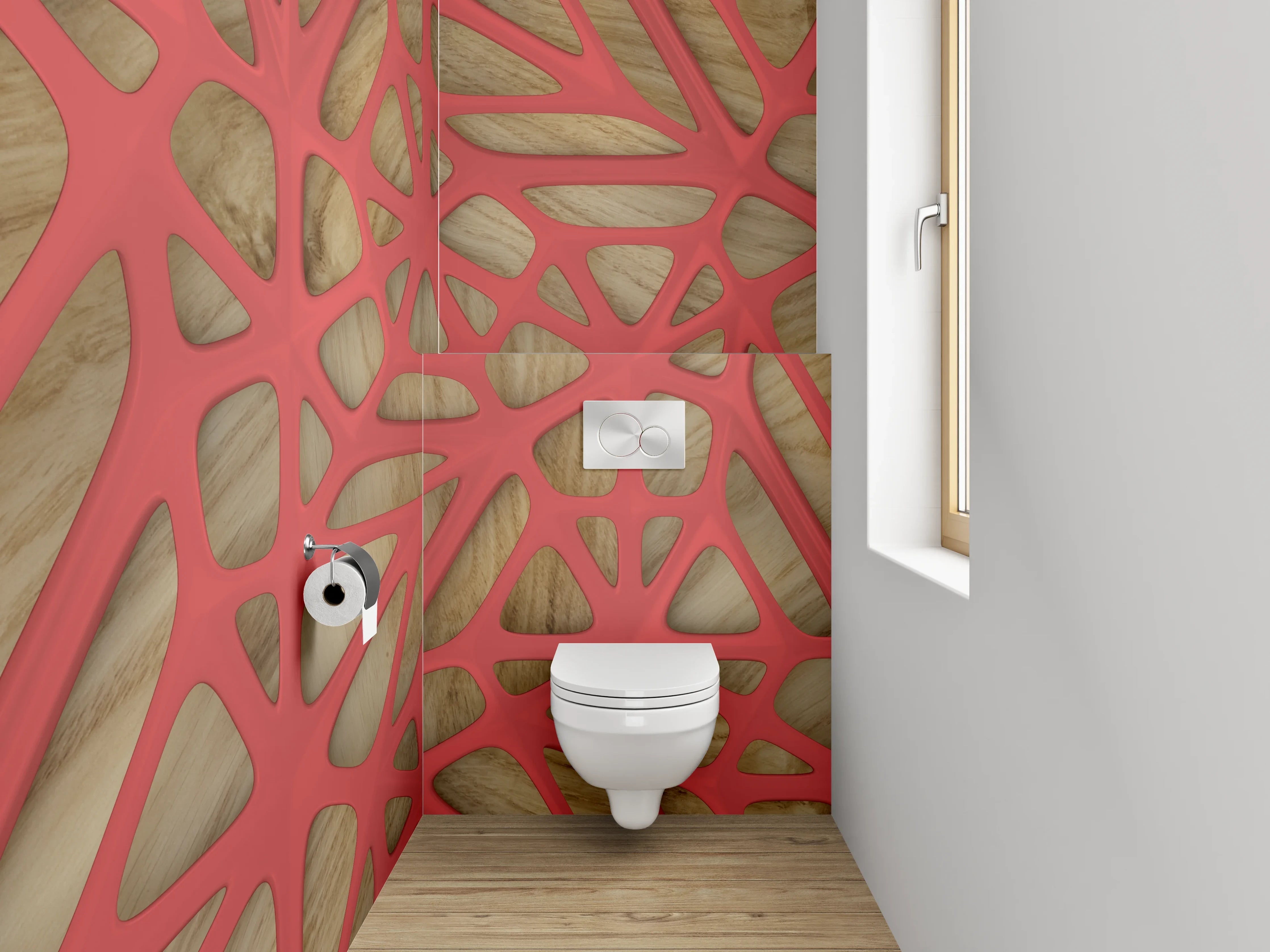 WC-Rückwand - Modernes geometrisches Netz Holz Rot