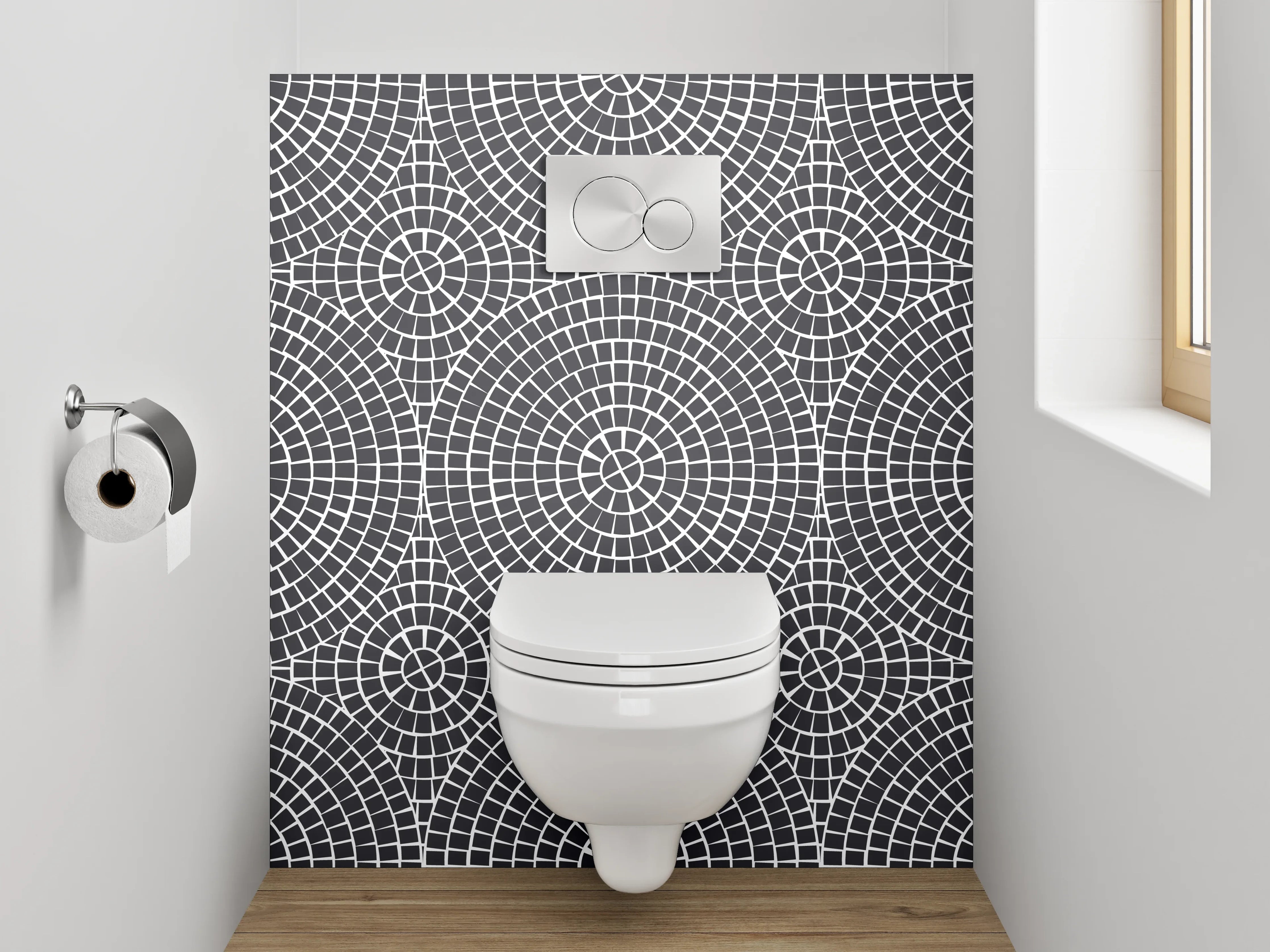 WC-Rückwand - Modernes grafisches Kreislinienmuster Schwarz-Weiß
