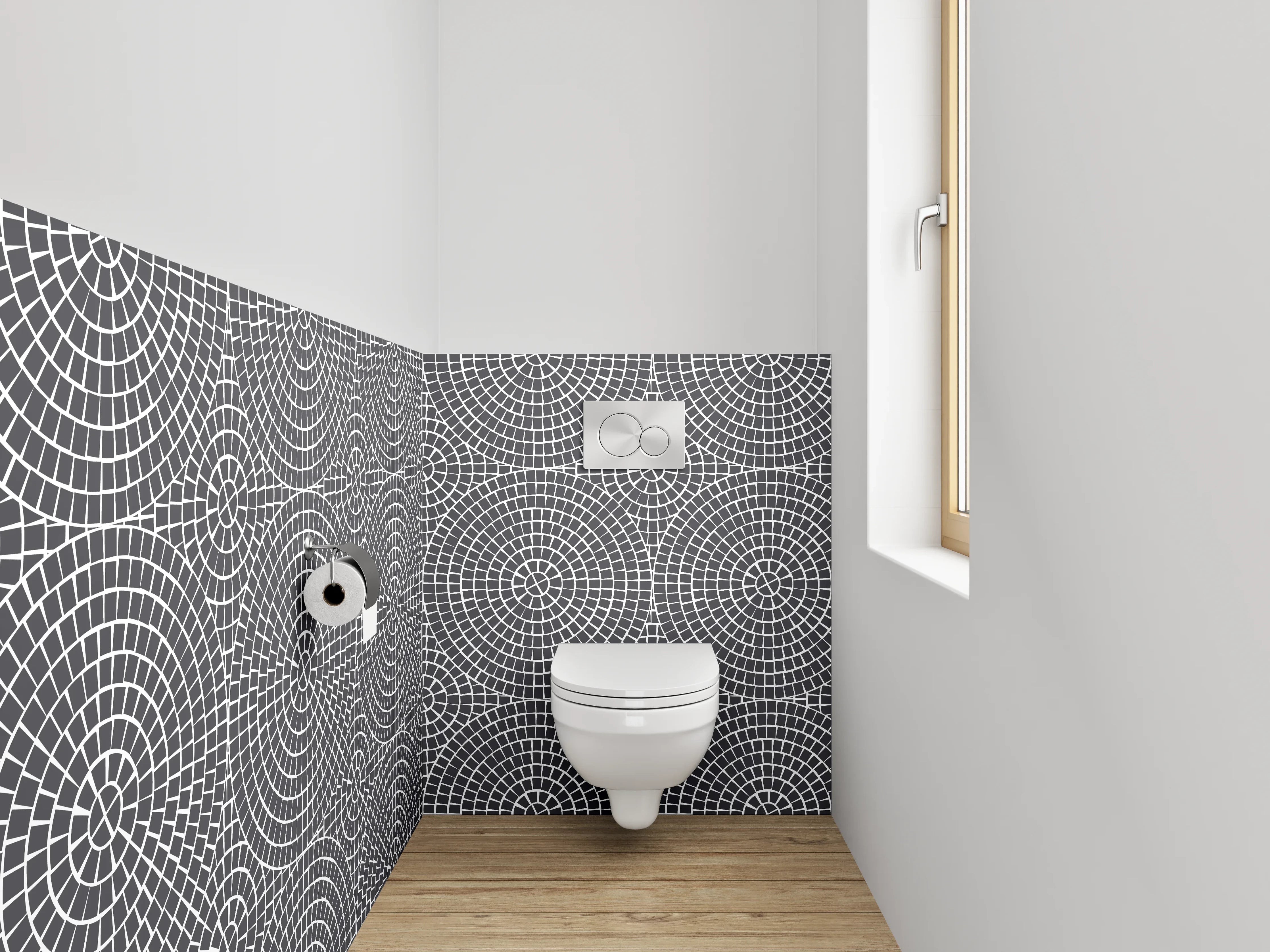 WC-Rückwand - Modernes grafisches Kreislinienmuster Schwarz-Weiß