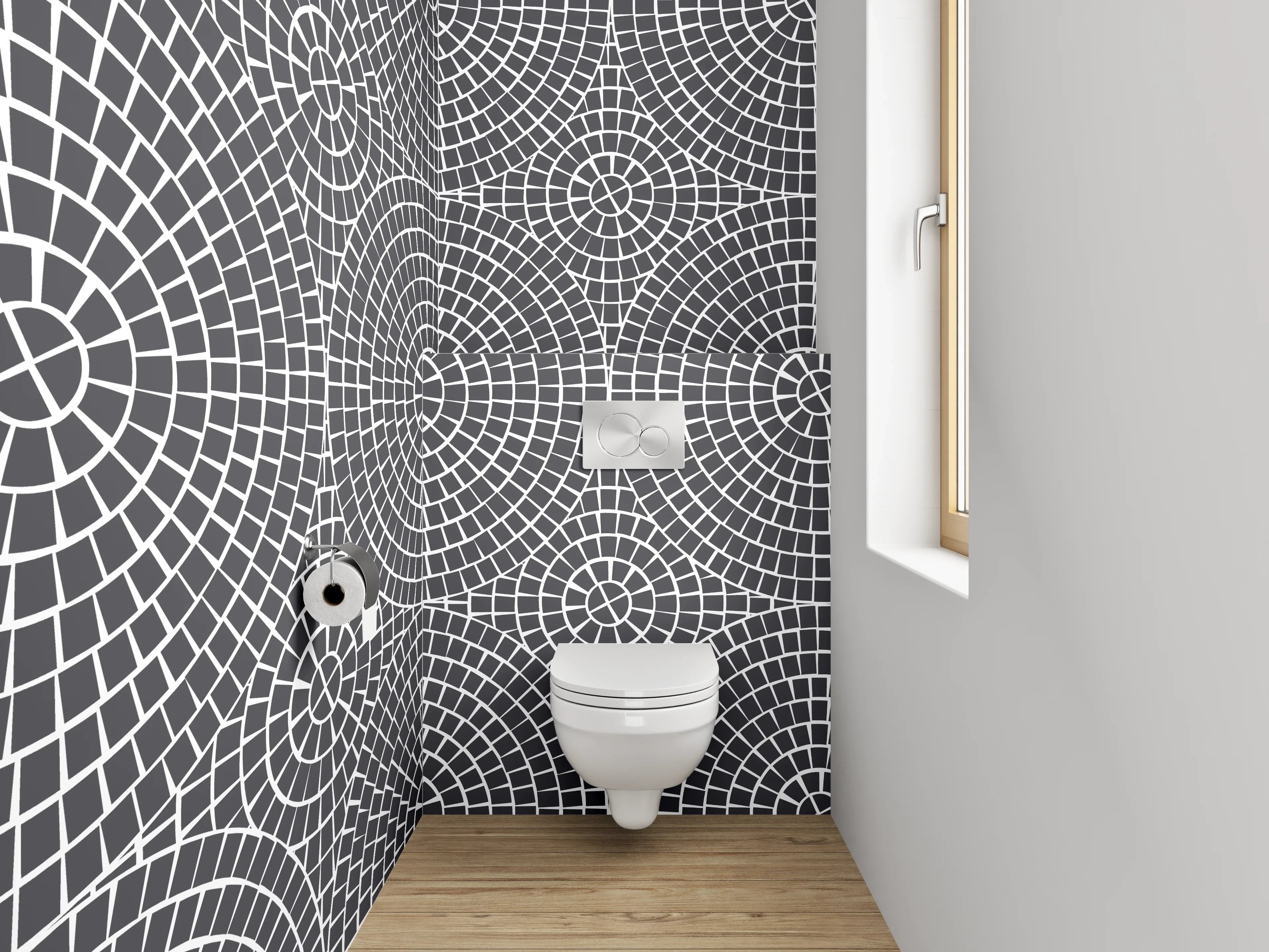 WC-Rückwand - Modernes grafisches Kreislinienmuster Schwarz-Weiß