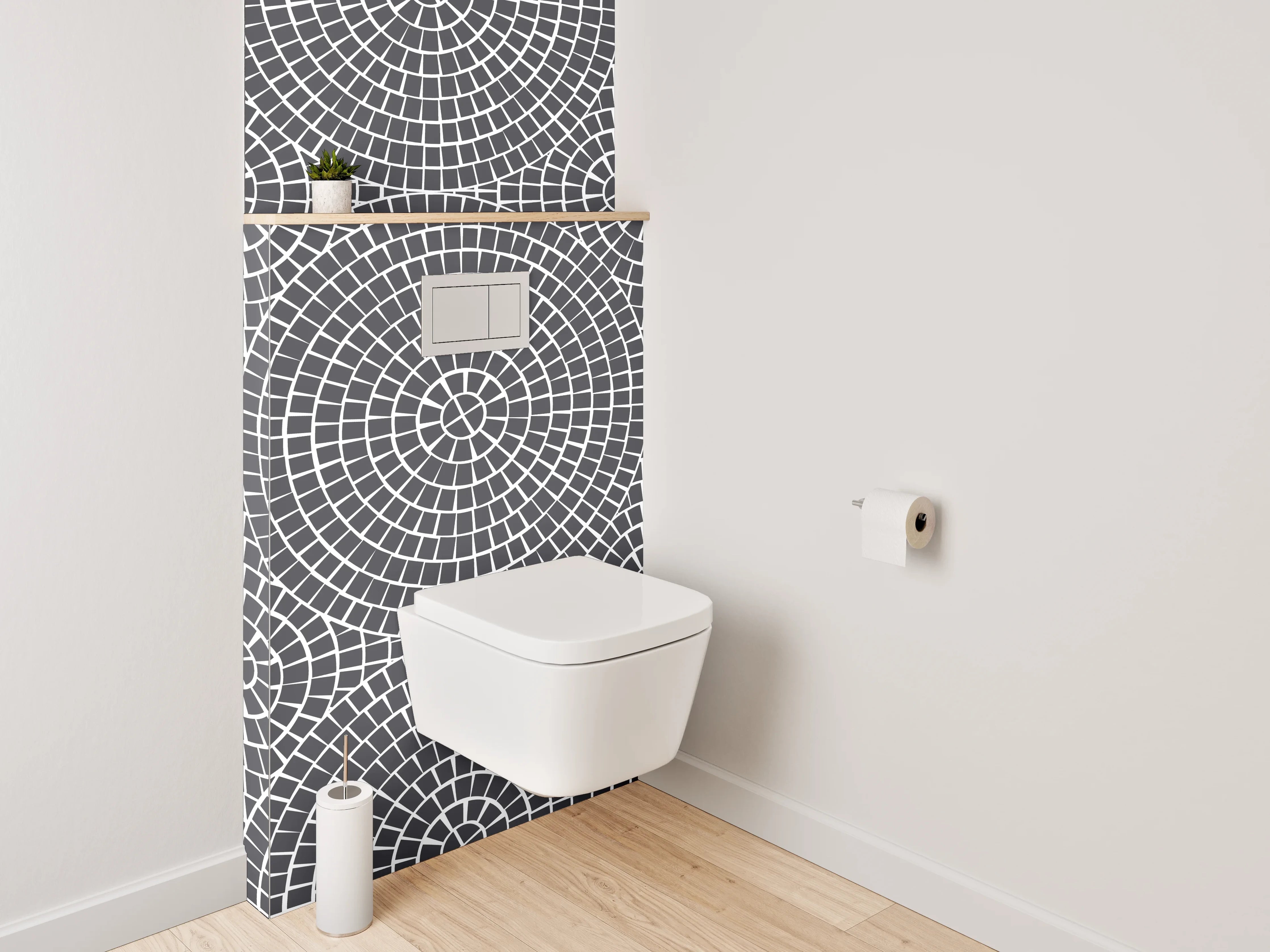 WC-Rückwand - Modernes grafisches Kreislinienmuster Schwarz-Weiß