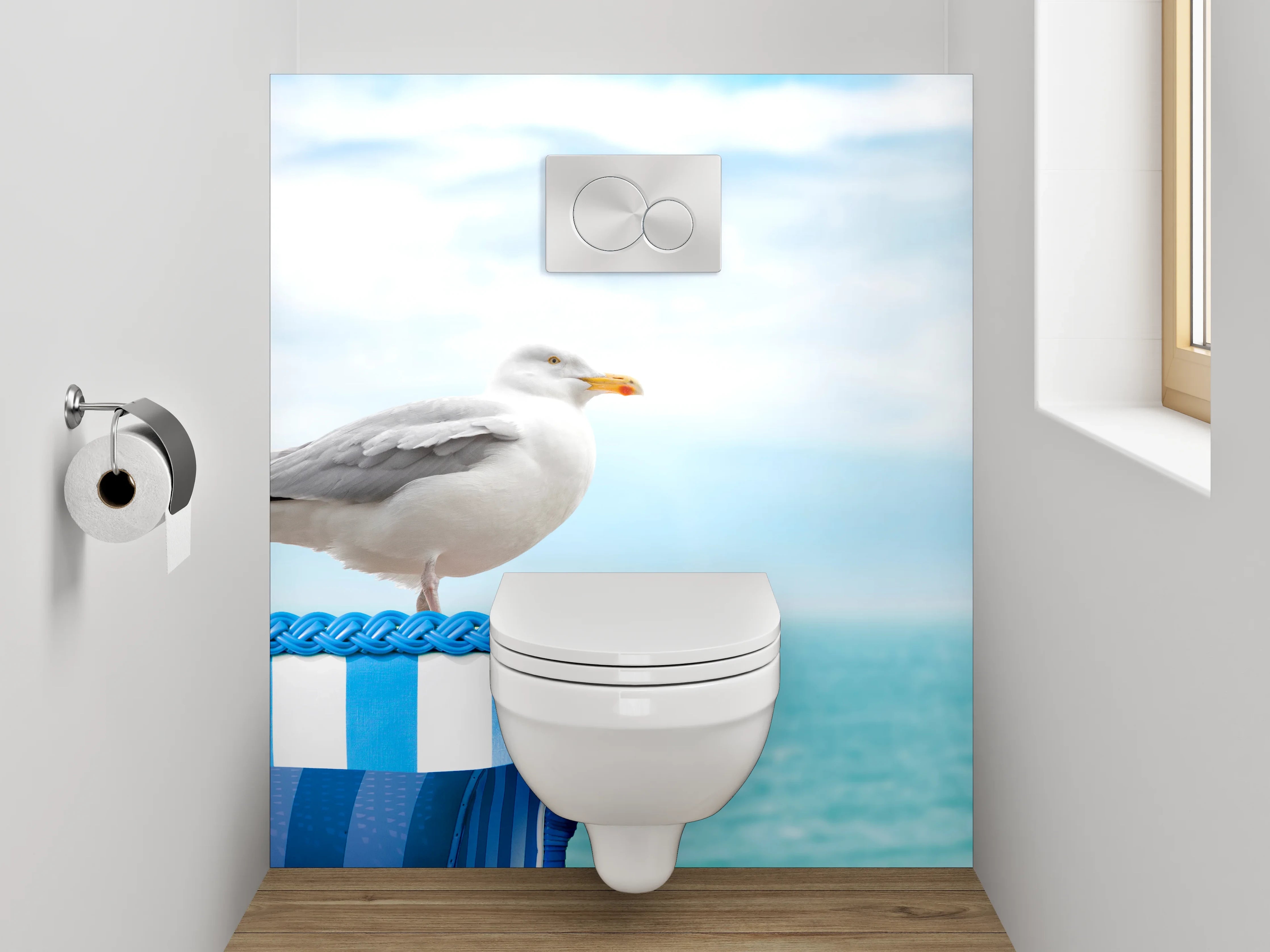WC-Rückwand - Möwe auf Strandkorb am Meer
