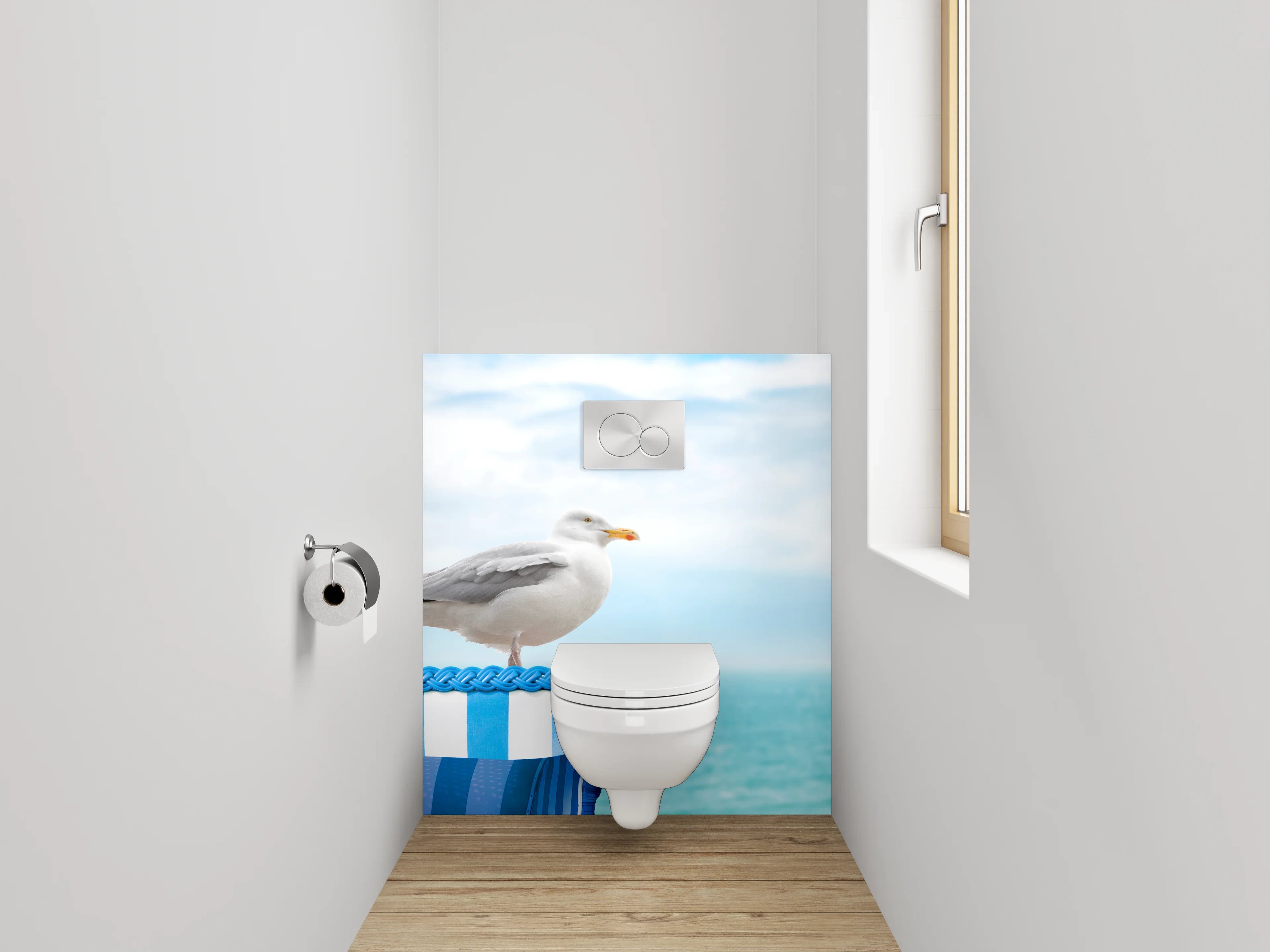 WC-Rückwand - Möwe auf Strandkorb am Meer