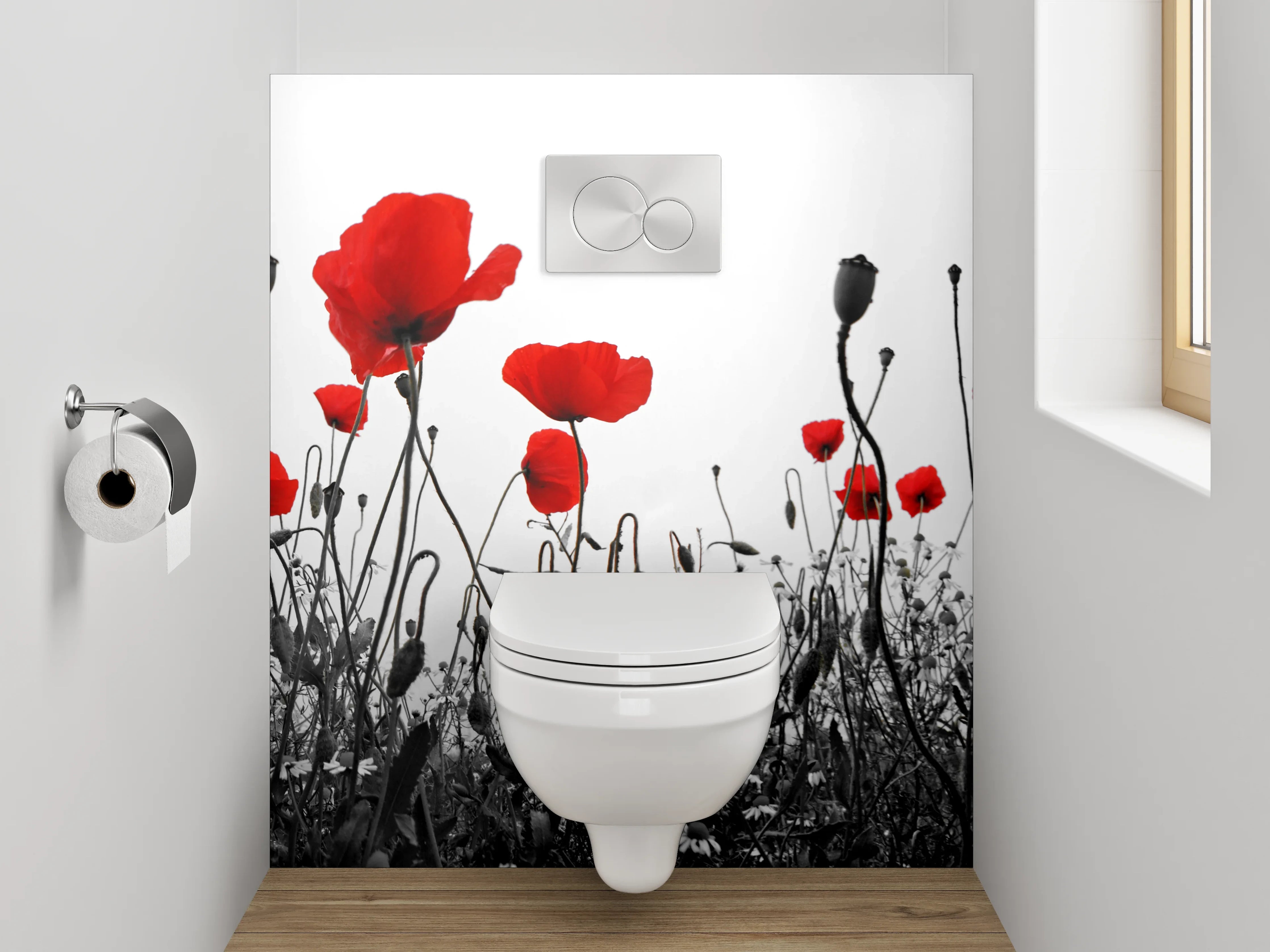 WC-Rückwand - Mohnblumen Schwarz-Weiß Akzent Bild
