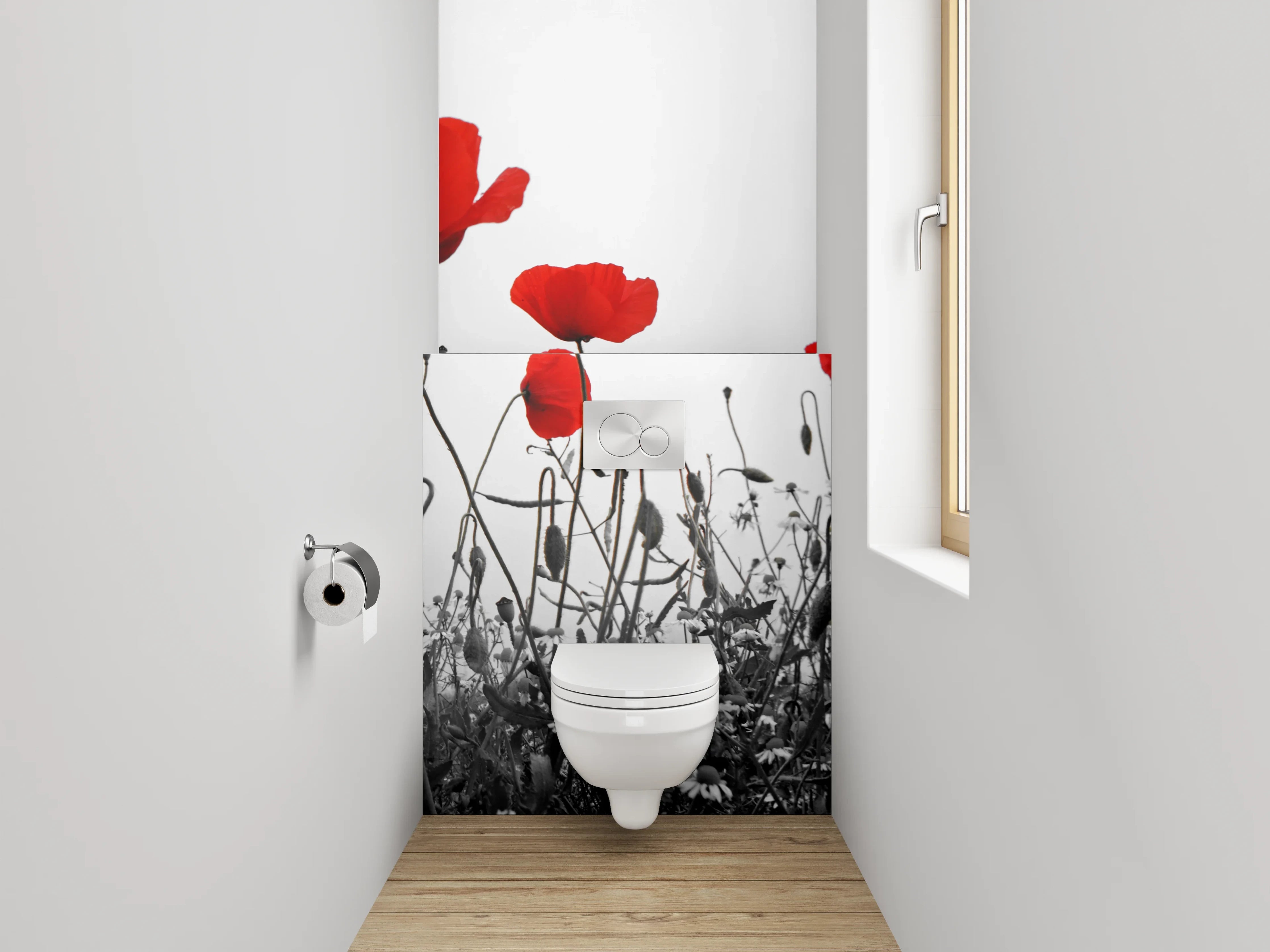 WC-Rückwand - Mohnblumen Schwarz-Weiß Akzent Bild