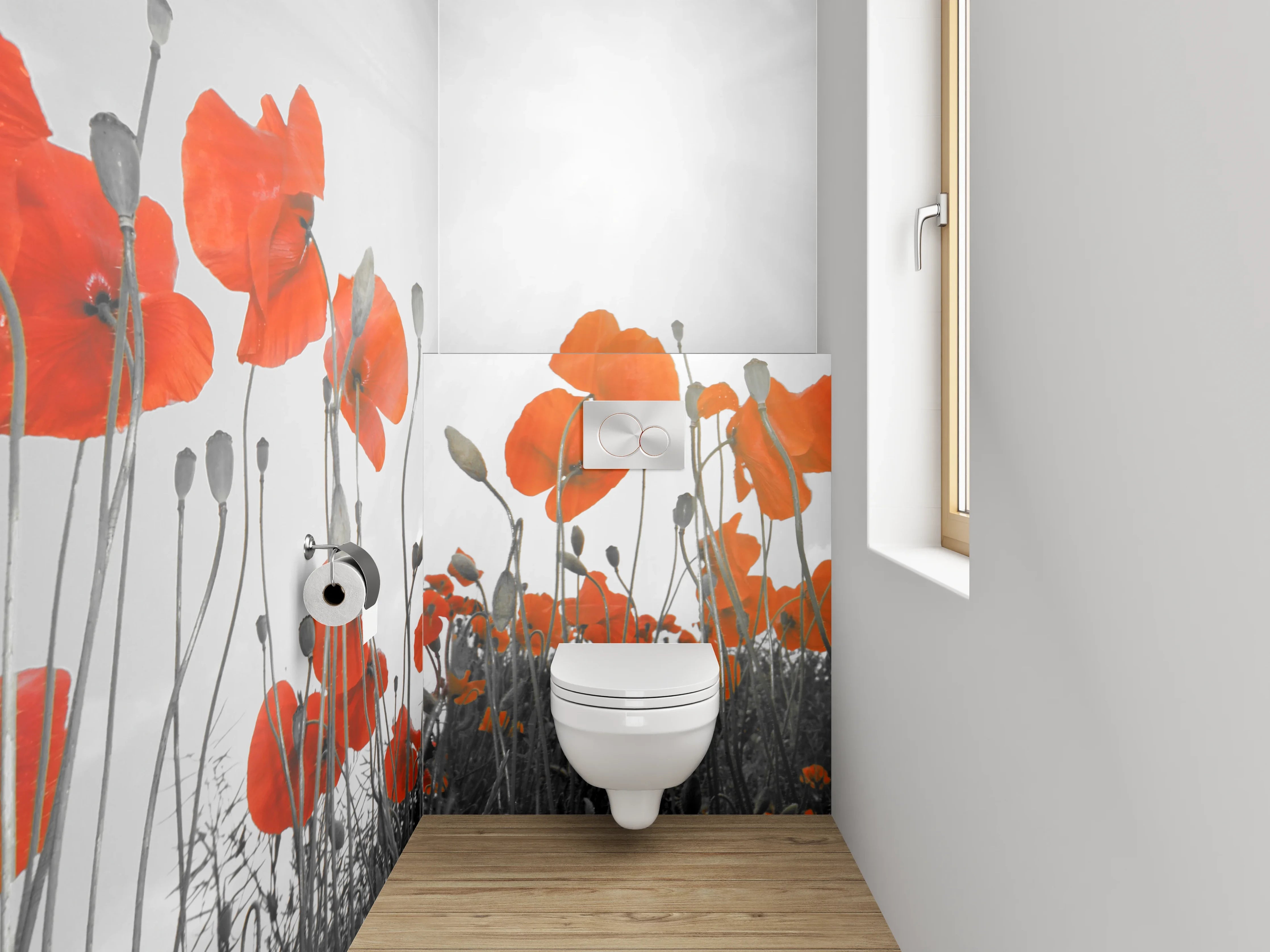 WC-Rückwand - Mohnblumen in Schwarz-Weiß-Kunst