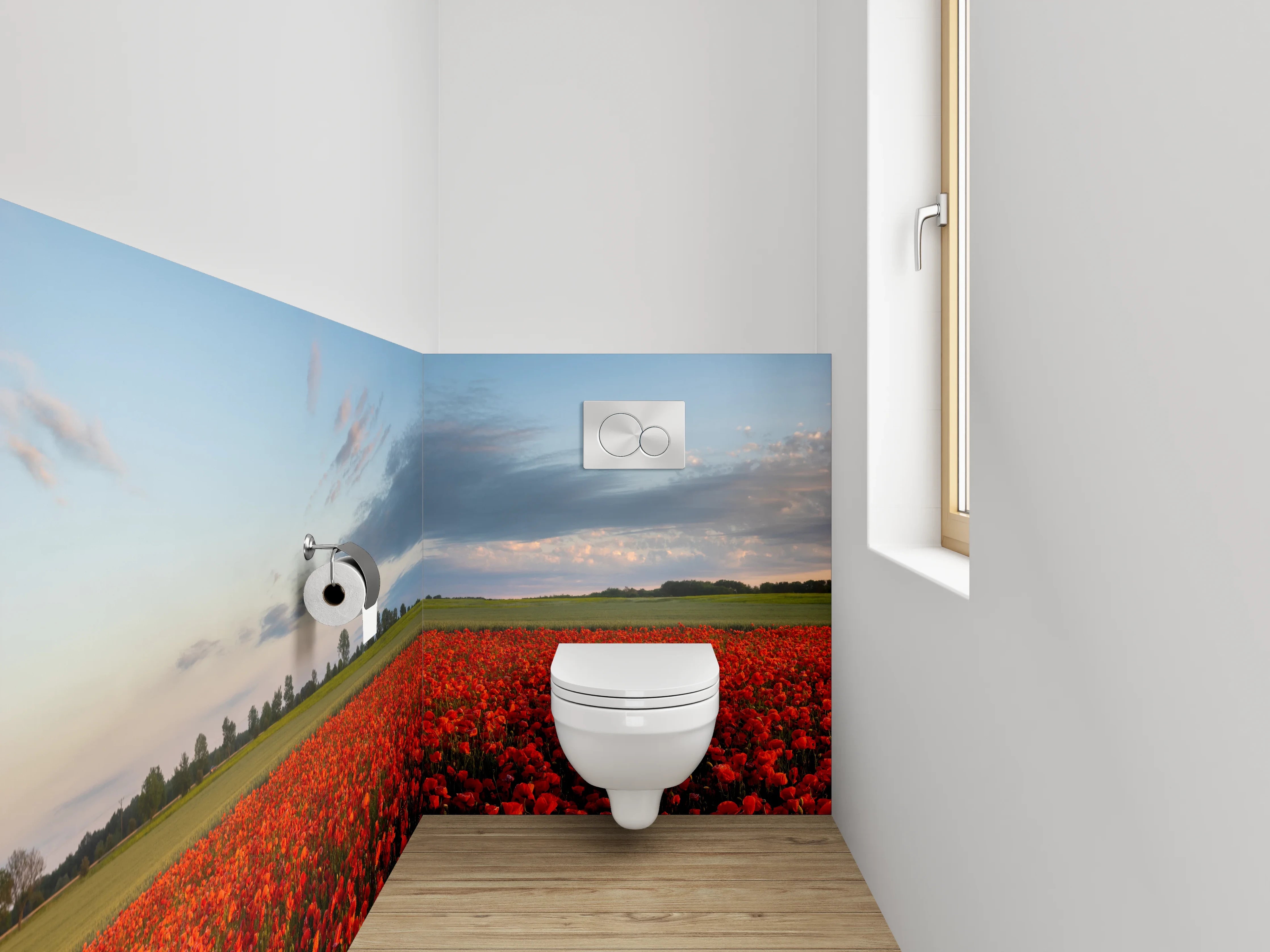 WC-Rückwand - Mohnblumenfeld im Sonnenlicht Panorama