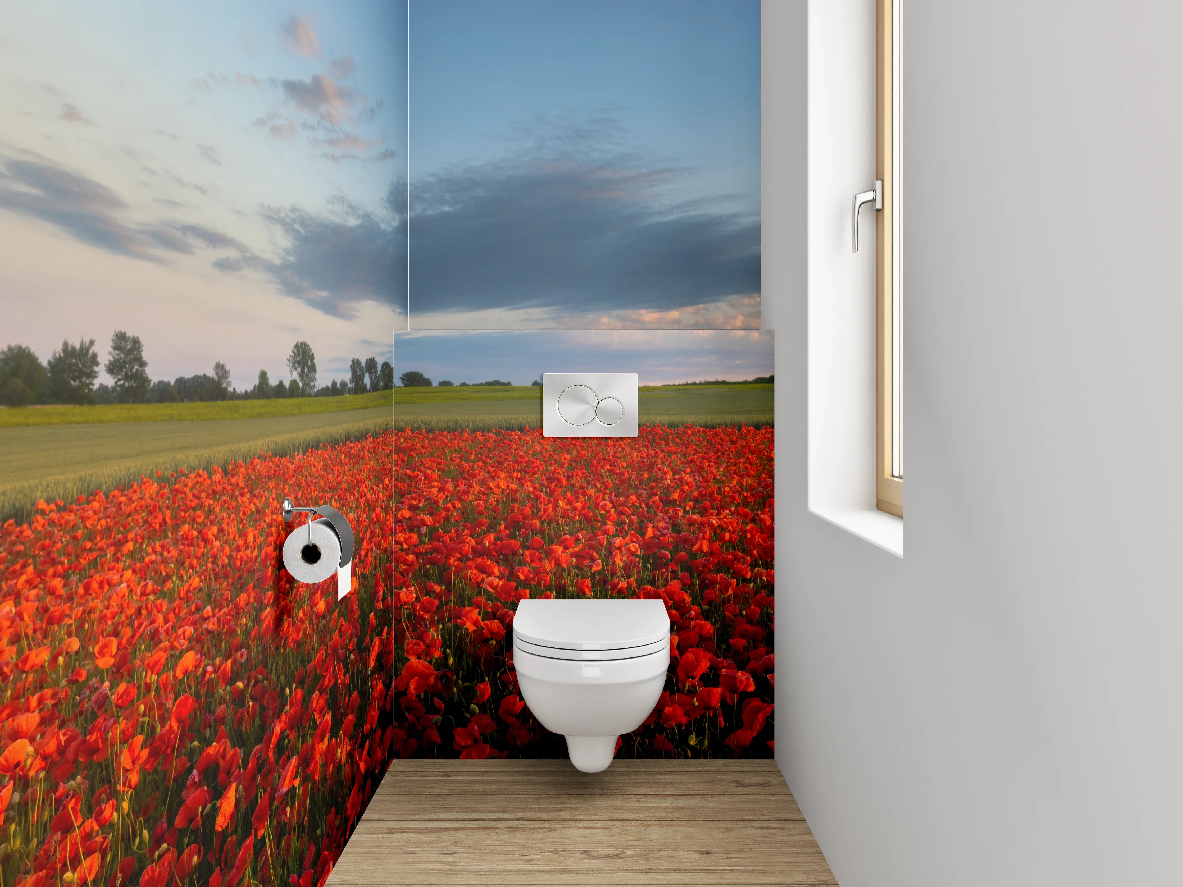 WC-Rückwand - Mohnblumenfeld im Sonnenlicht Panorama