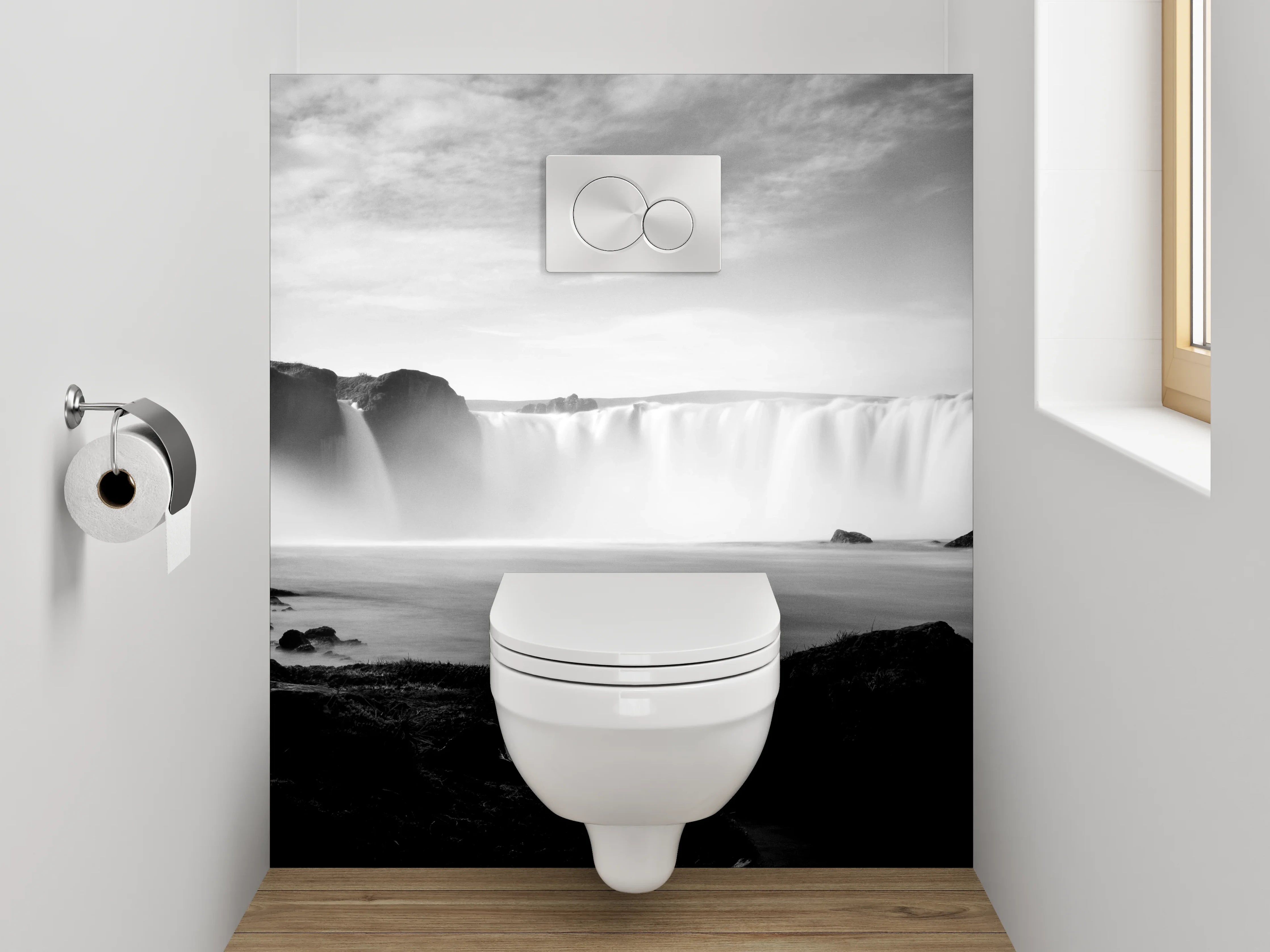 WC-Rückwand - Monochromer Wasserfall in Island