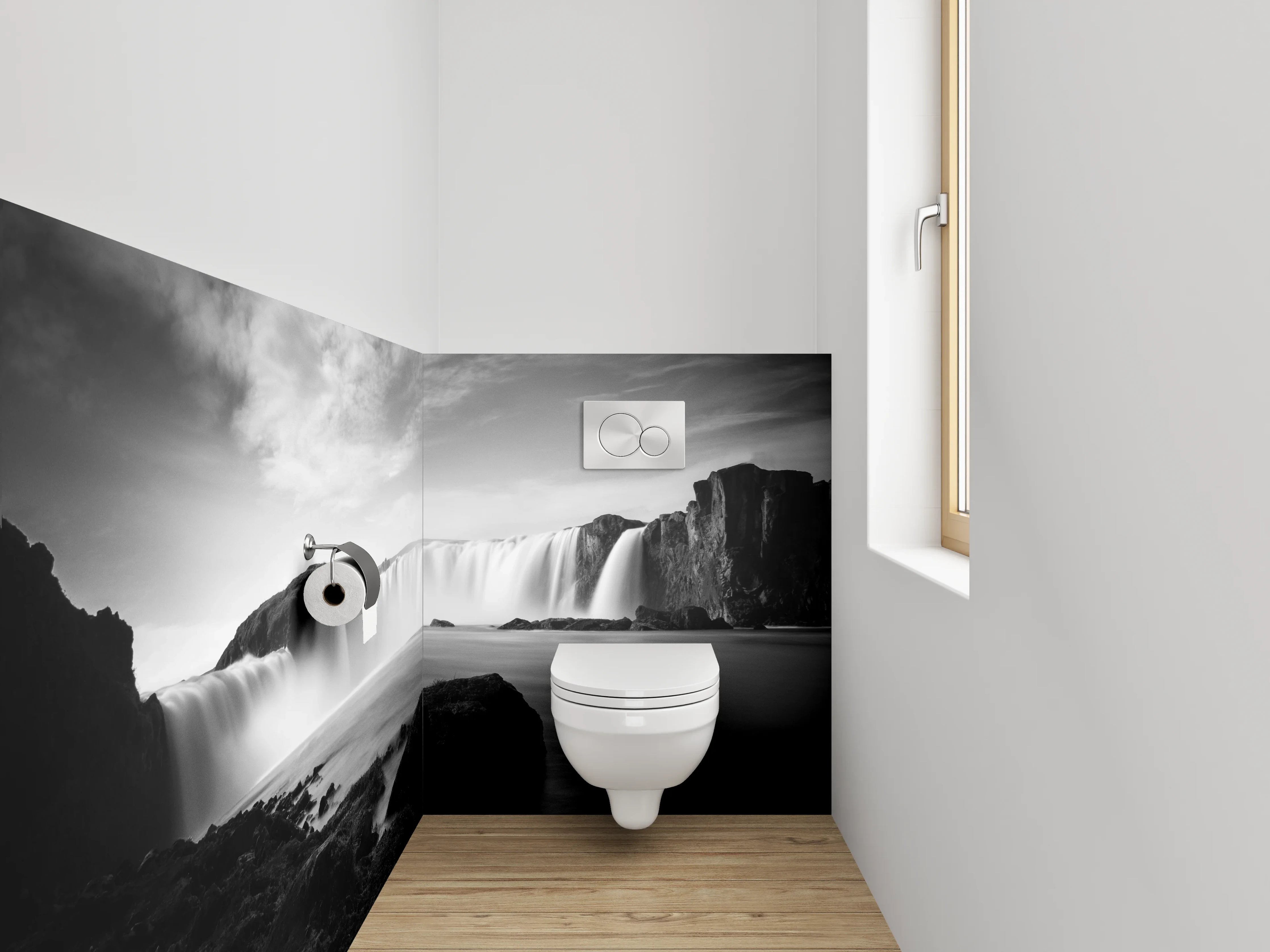 WC-Rückwand - Monochromer Wasserfall in Island