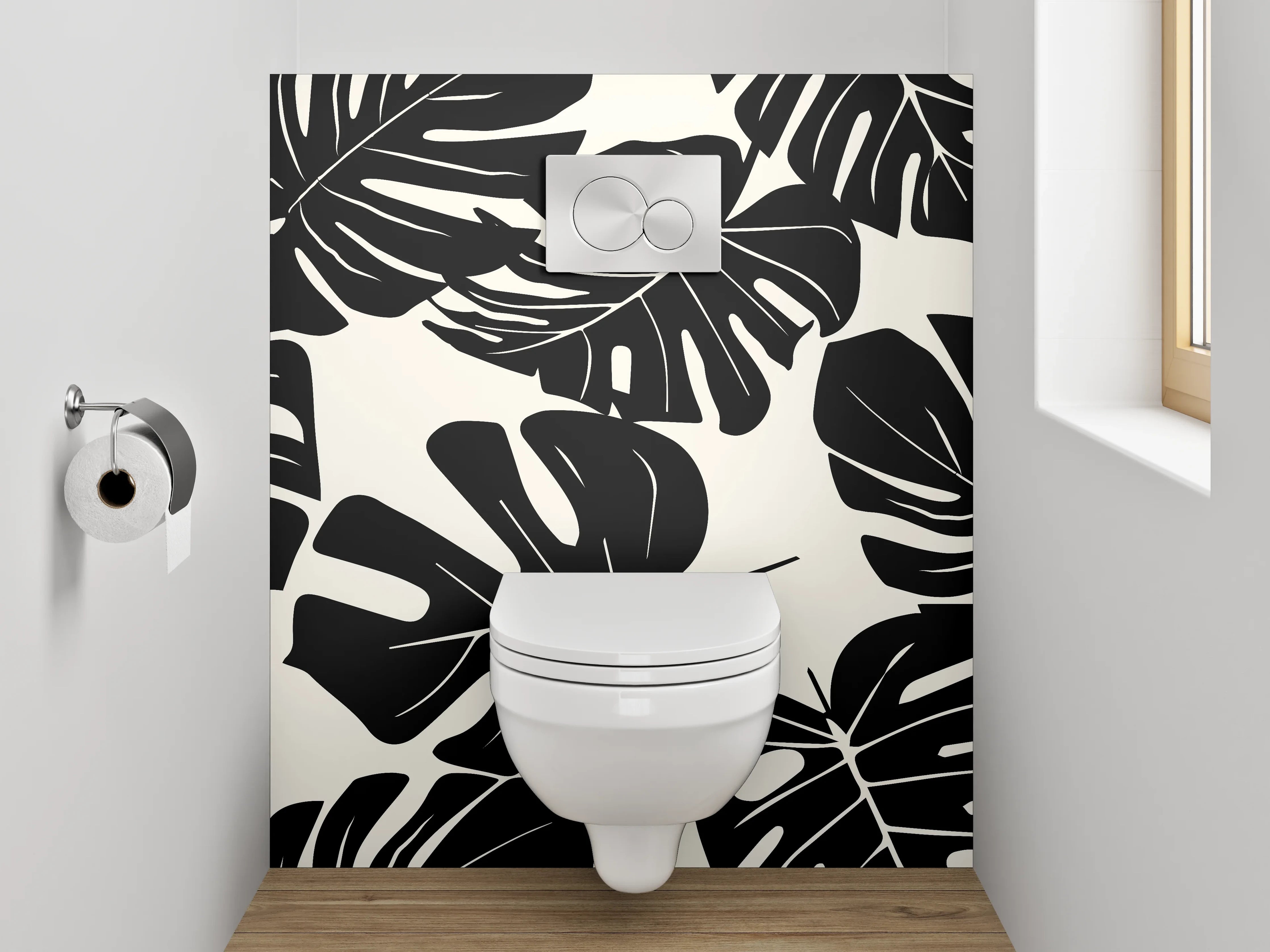 WC-Rückwand - Monstera Blätter Schwarz-Weiß Muster