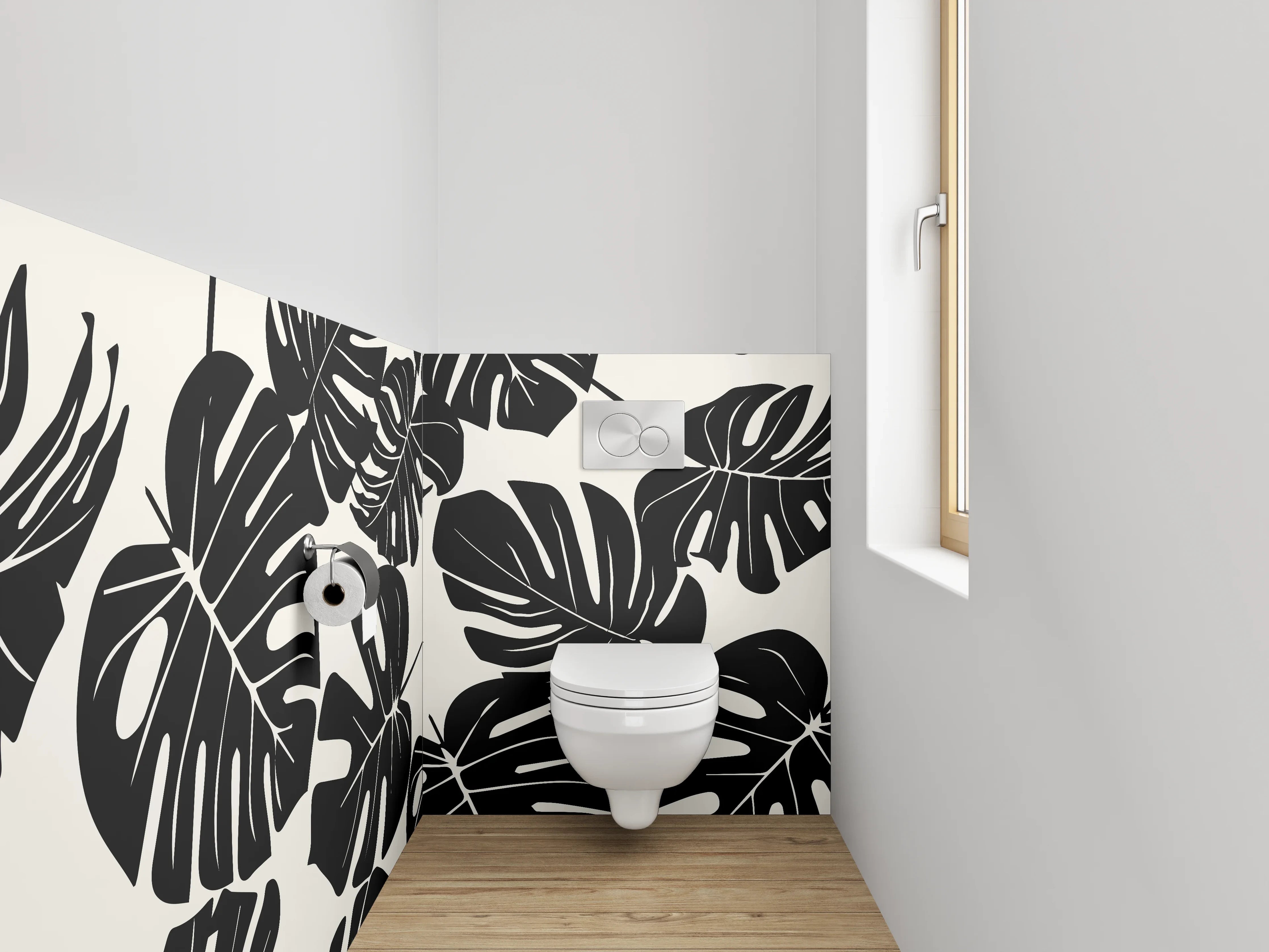 WC-Rückwand - Monstera Blätter Schwarz-Weiß Muster