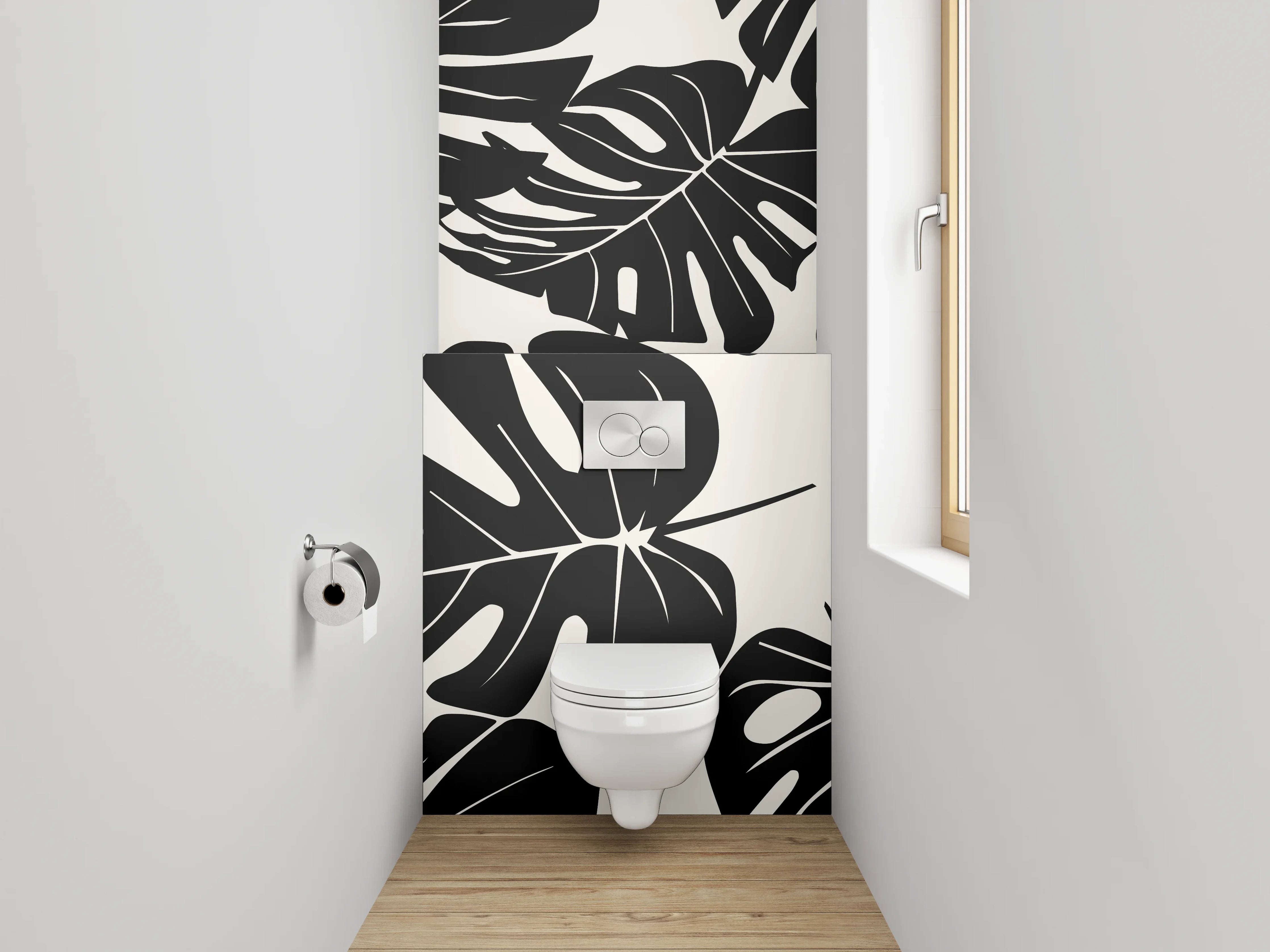 WC-Rückwand - Monstera Blätter Schwarz-Weiß Muster