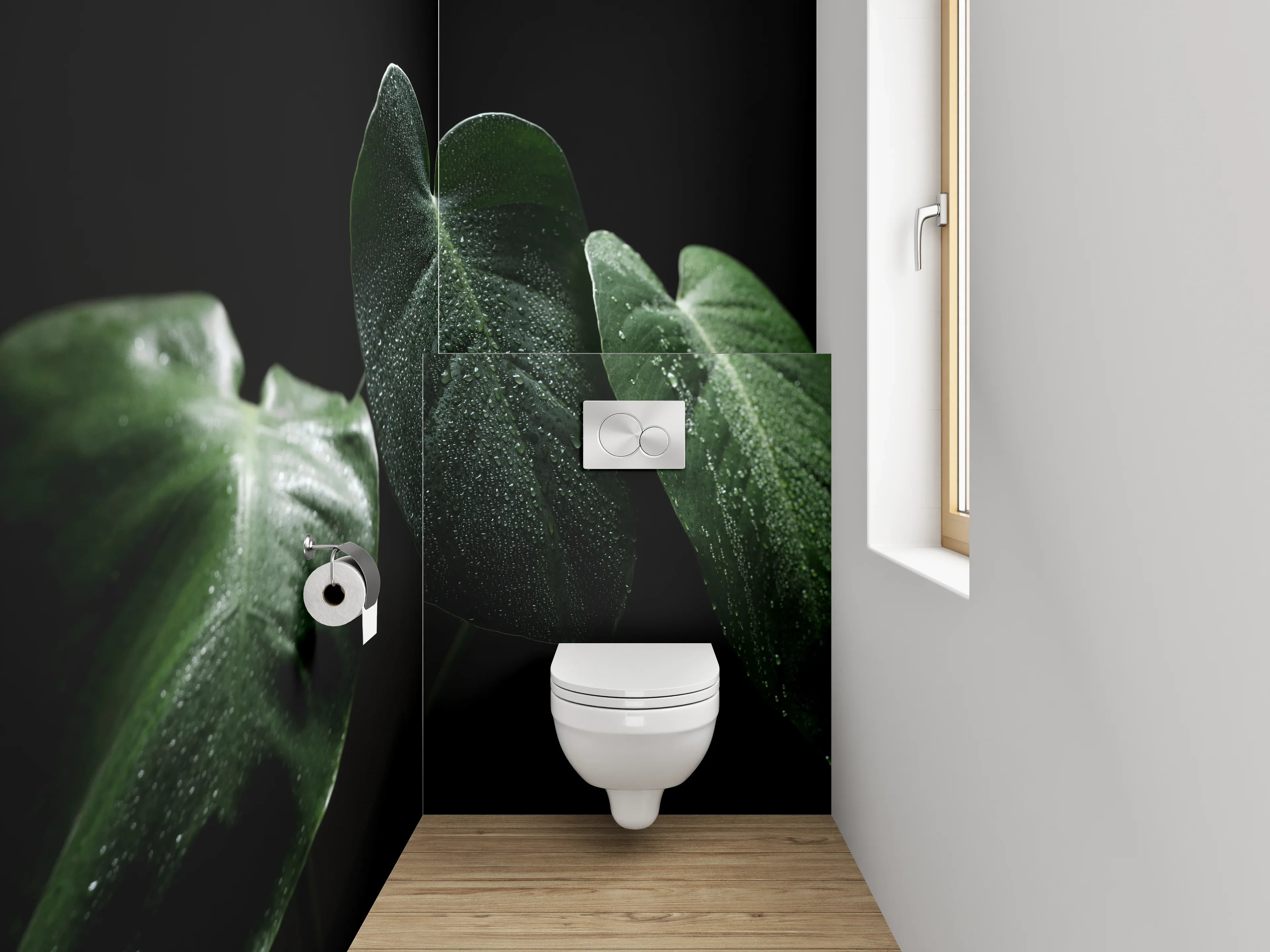 WC-Rückwand - Monstera Blätter Tropfen Dunkelgrün Foto