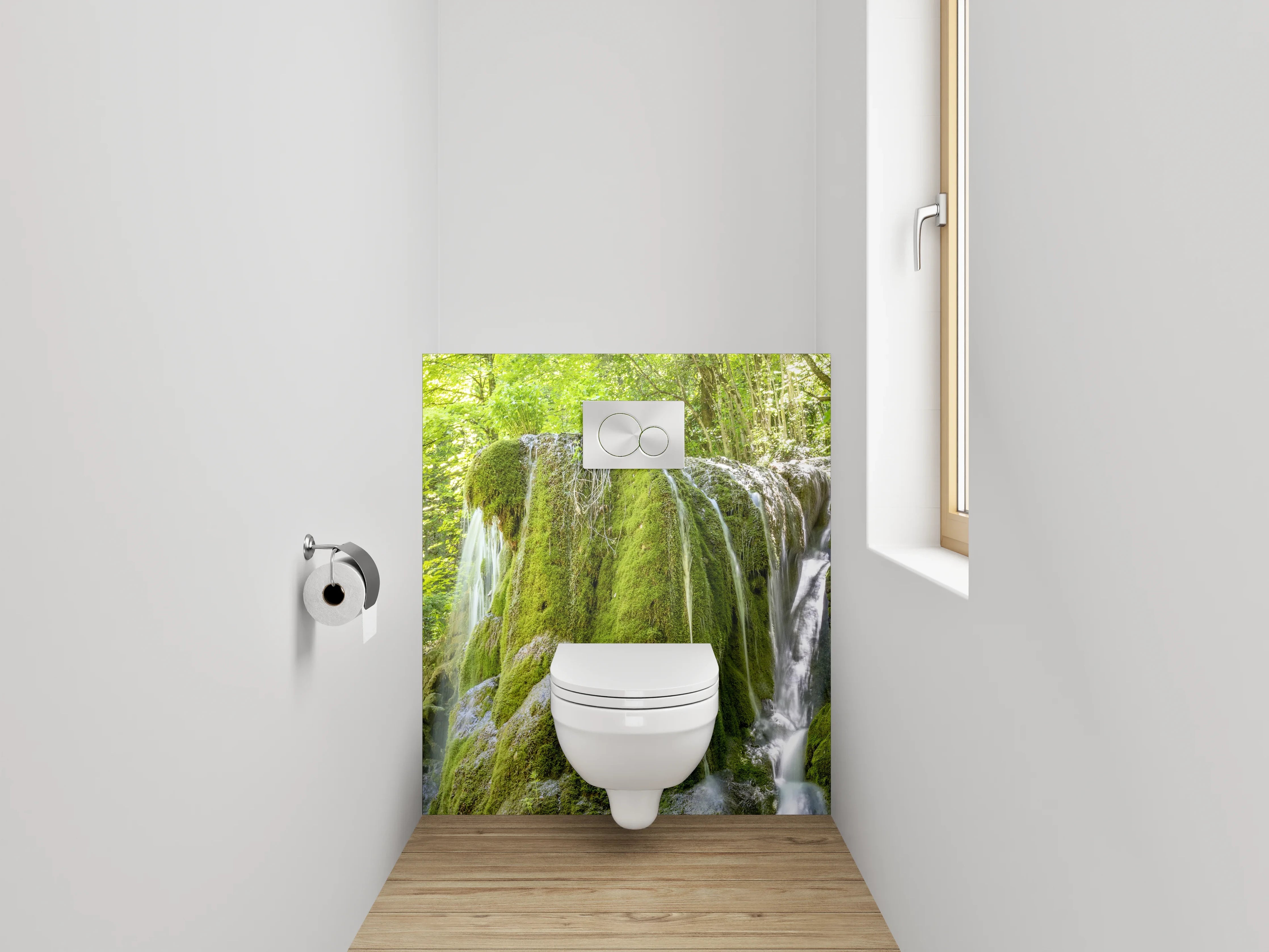 WC-Rückwand - Moosbedeckter Wasserfall im Wald