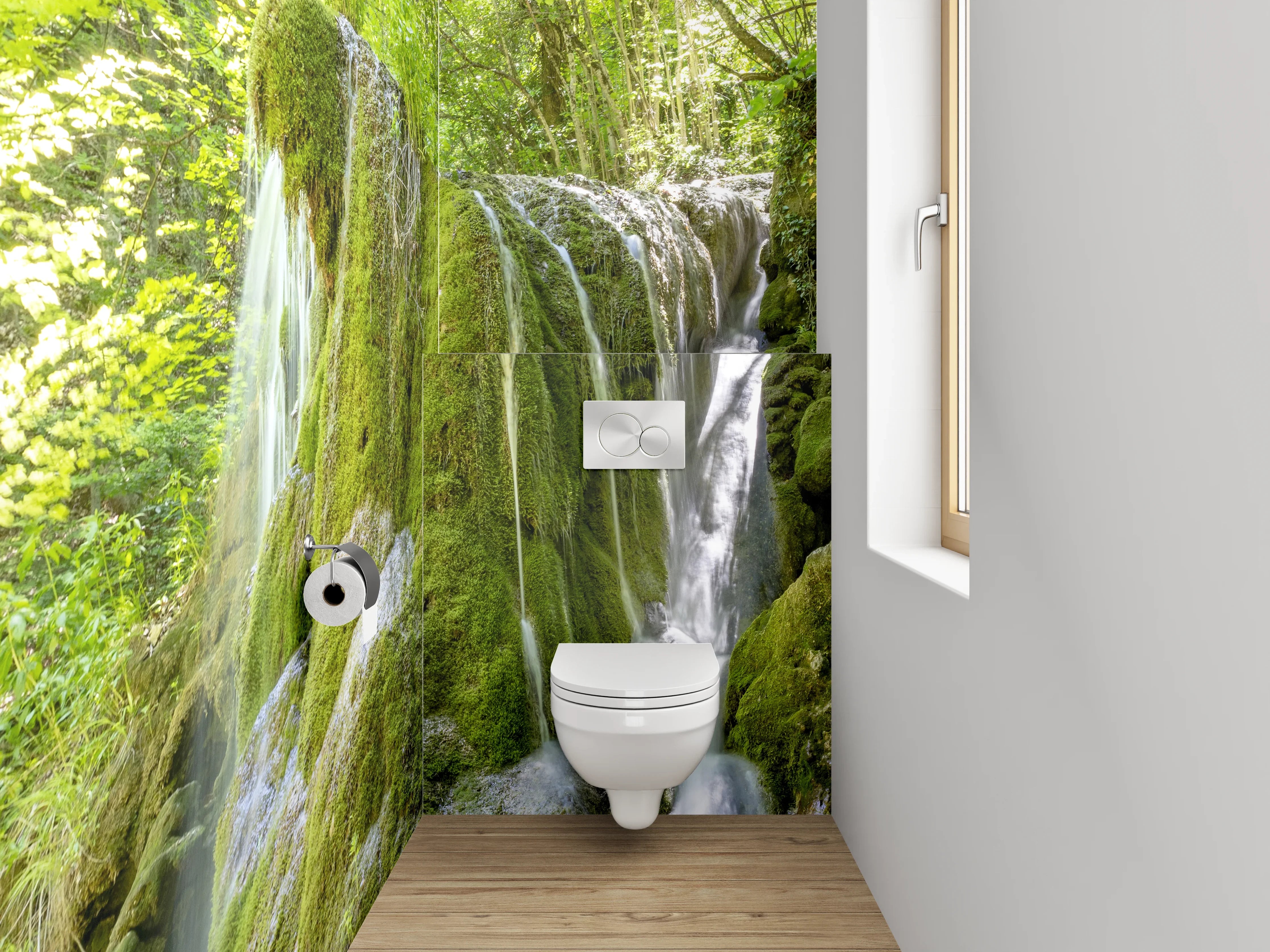 WC-Rückwand - Moosbedeckter Wasserfall im Wald