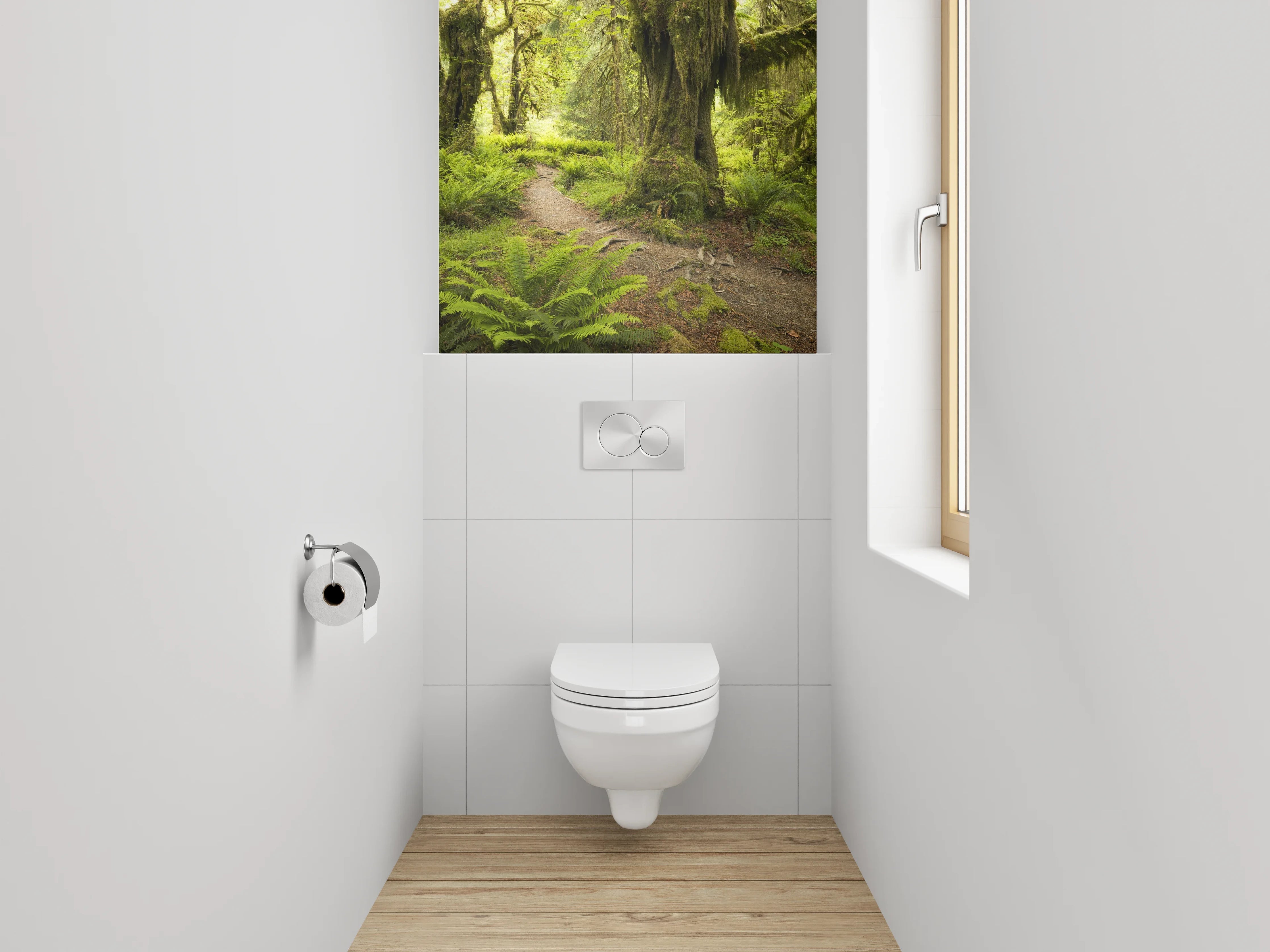 WC-Rückwand - Moosbewachsener Waldweg im Sonnenlicht