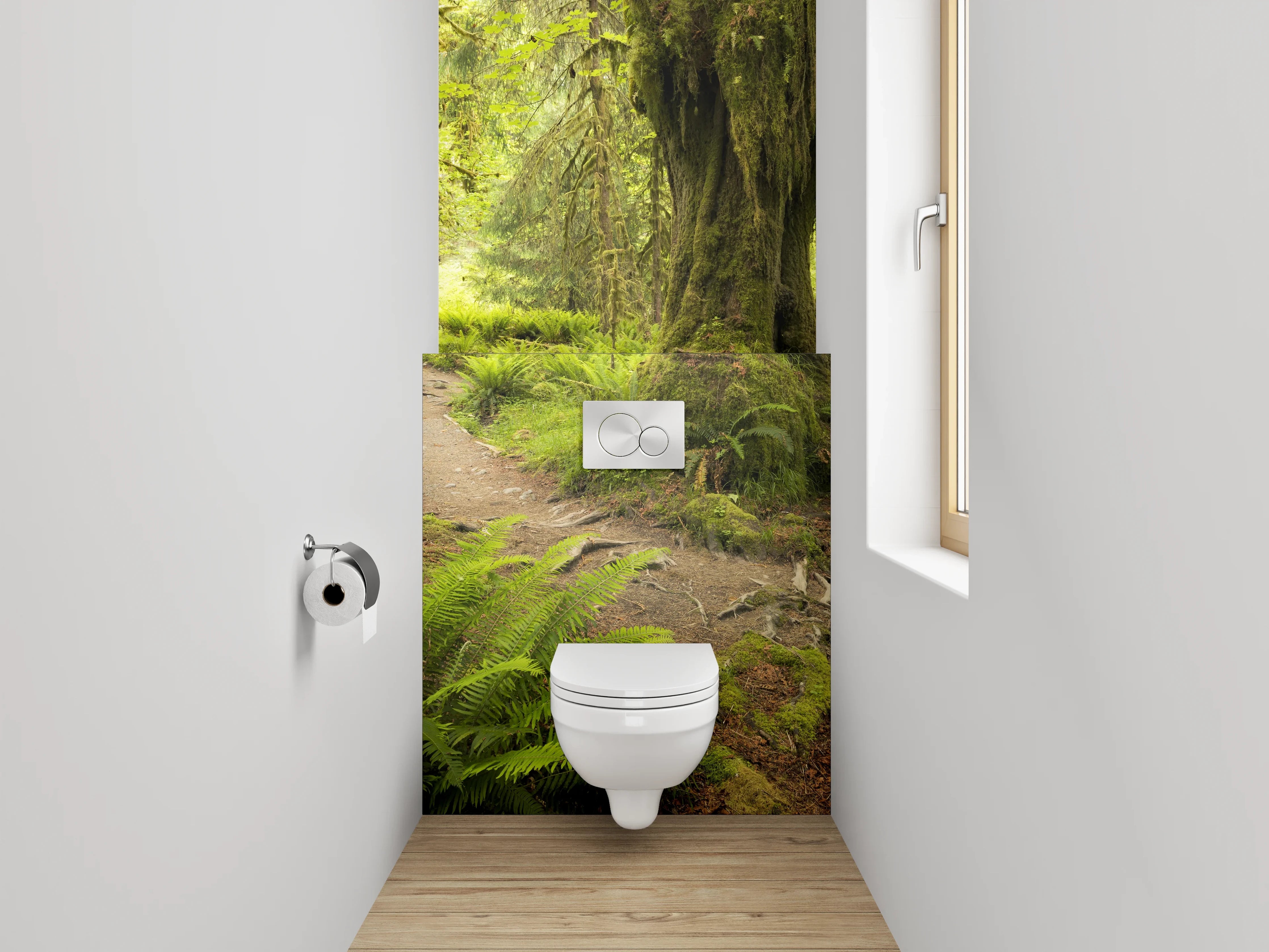 WC-Rückwand - Moosbewachsener Waldweg im Sonnenlicht