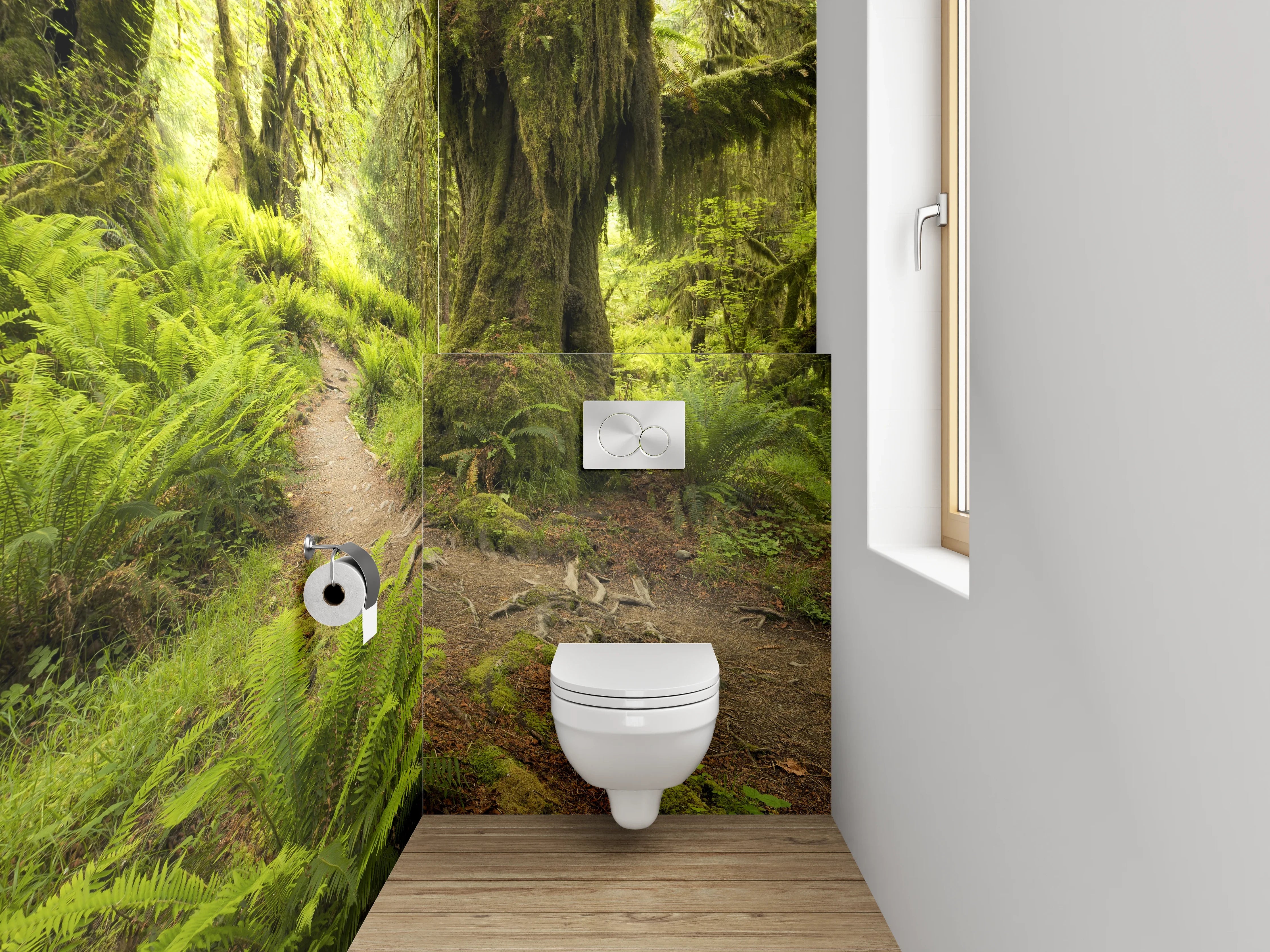WC-Rückwand - Moosbewachsener Waldweg im Sonnenlicht