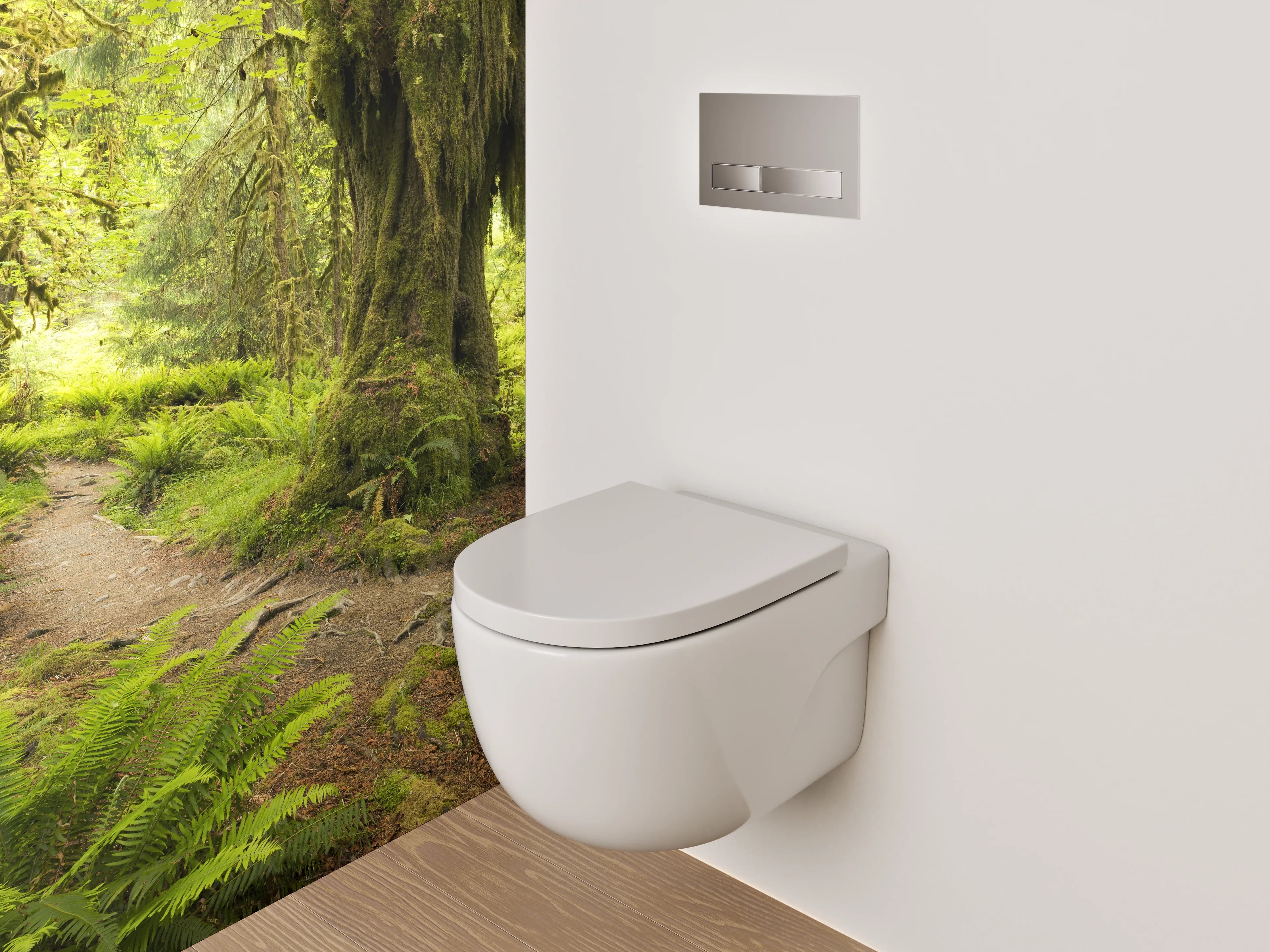 WC-Rückwand - Moosbewachsener Waldweg im Sonnenlicht