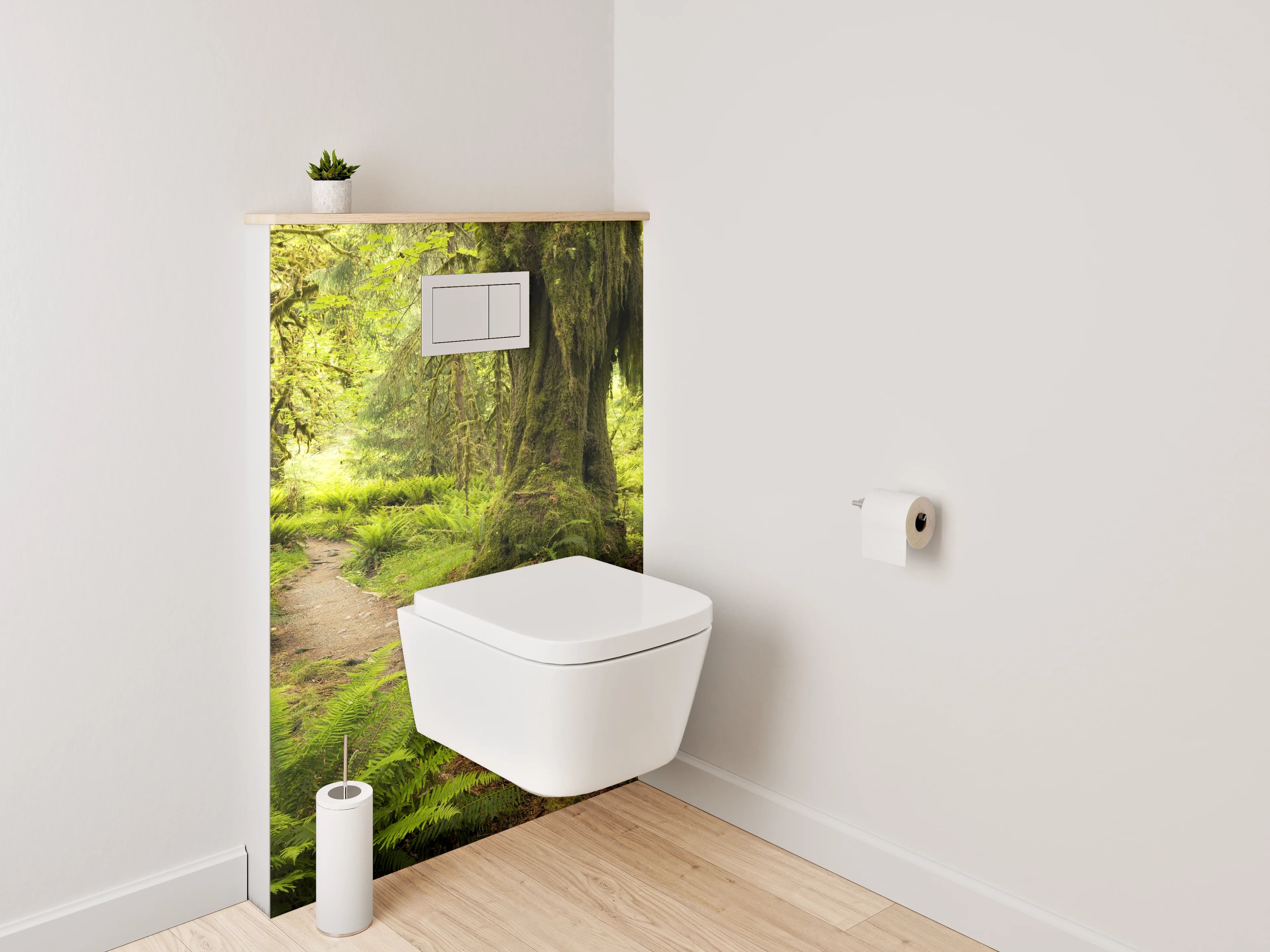 WC-Rückwand - Moosbewachsener Waldweg im Sonnenlicht