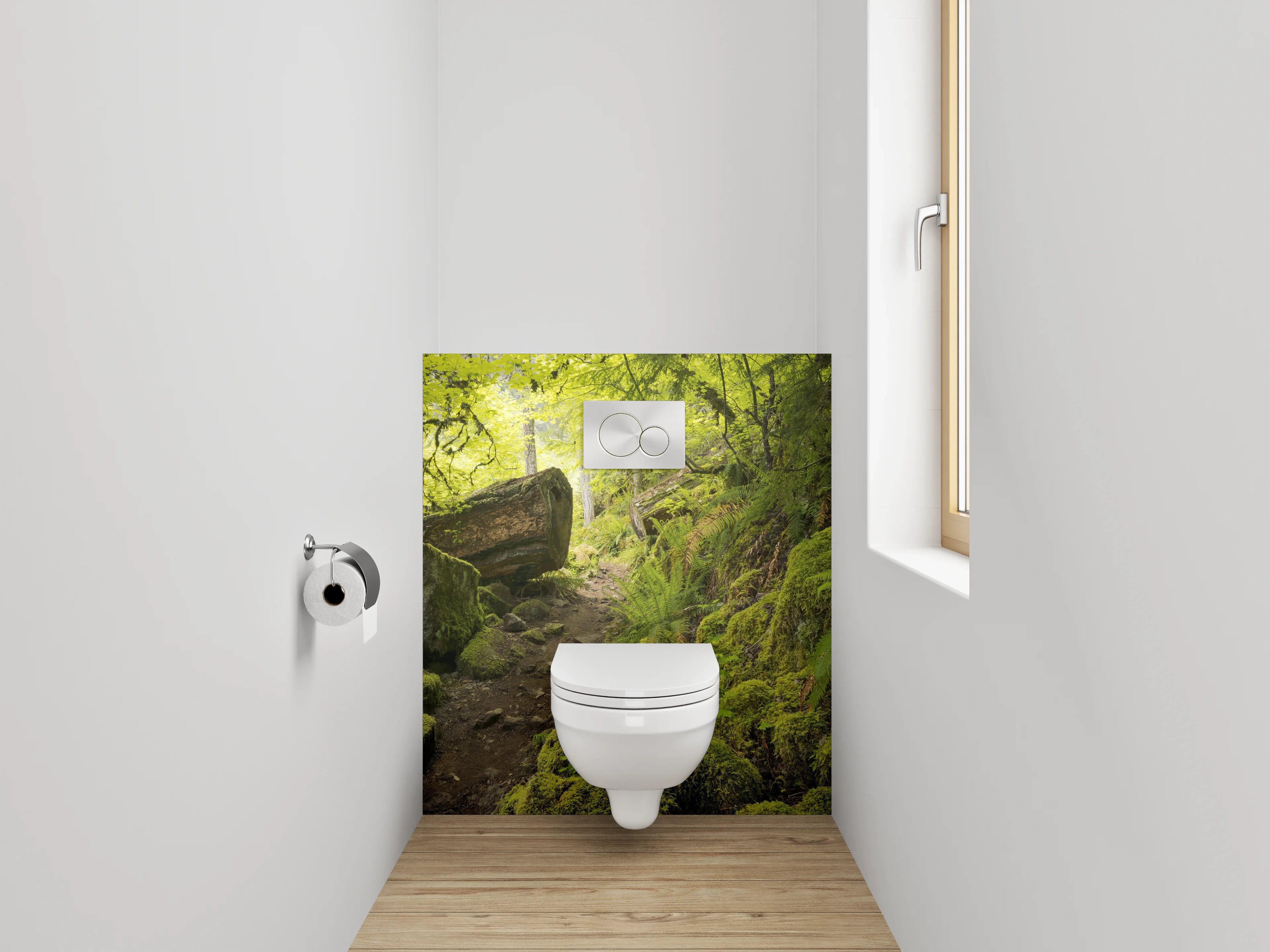 WC-Rückwand - Moosiger Waldweg mit grünem Licht
