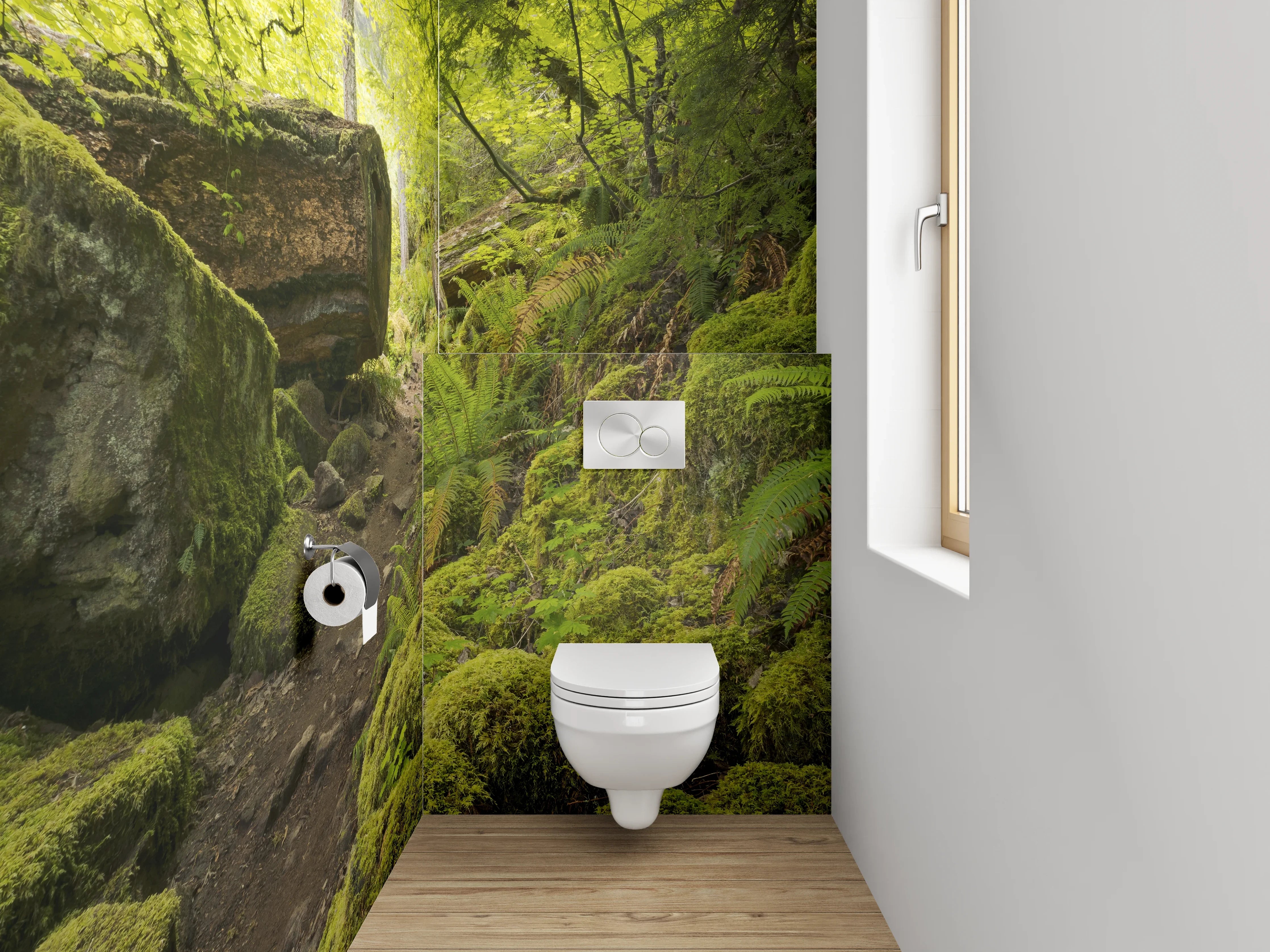 WC-Rückwand - Moosiger Waldweg mit grünem Licht