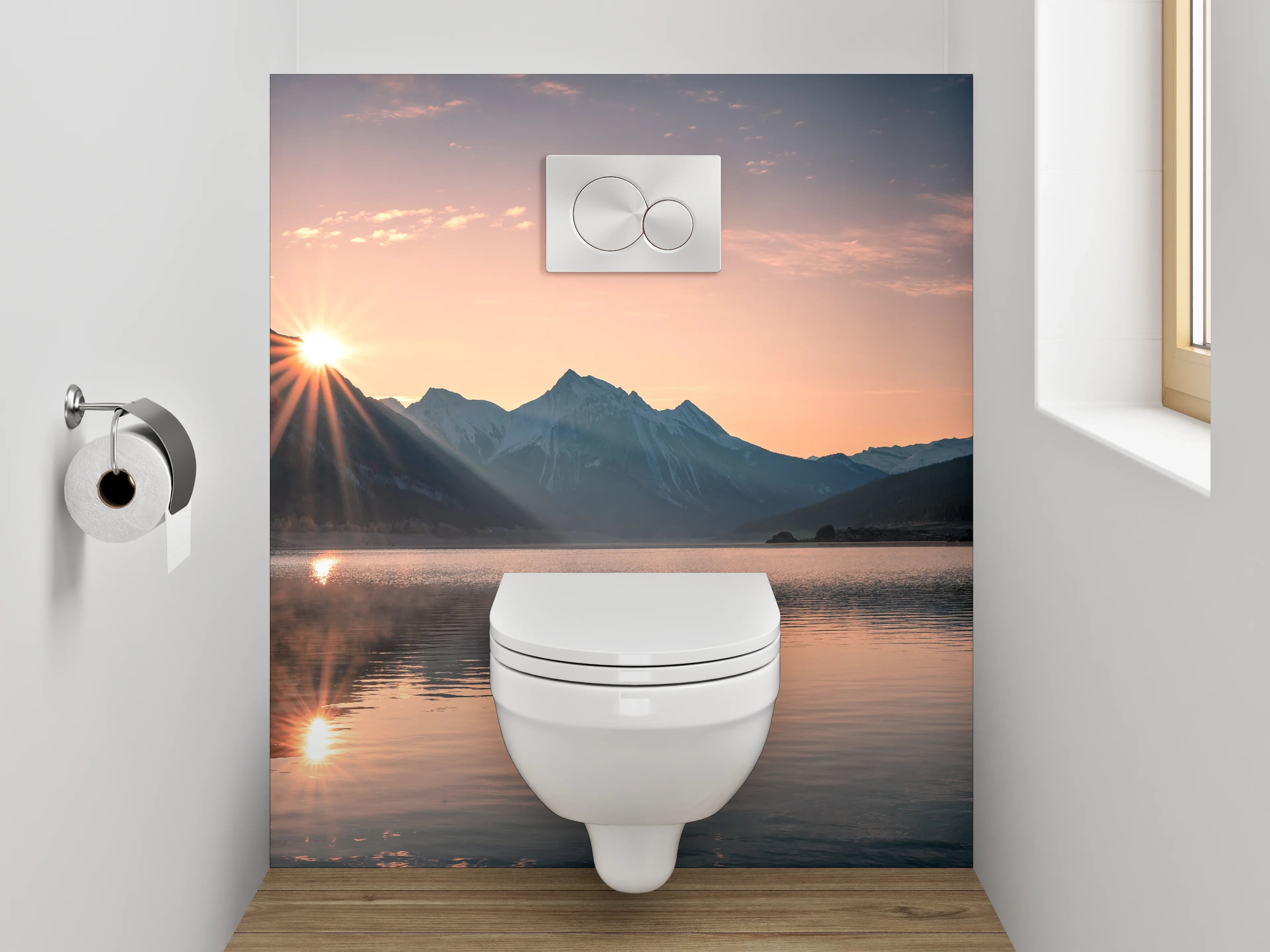 WC-Rückwand - Morgendämmerung in silbergrauer Bergidylle