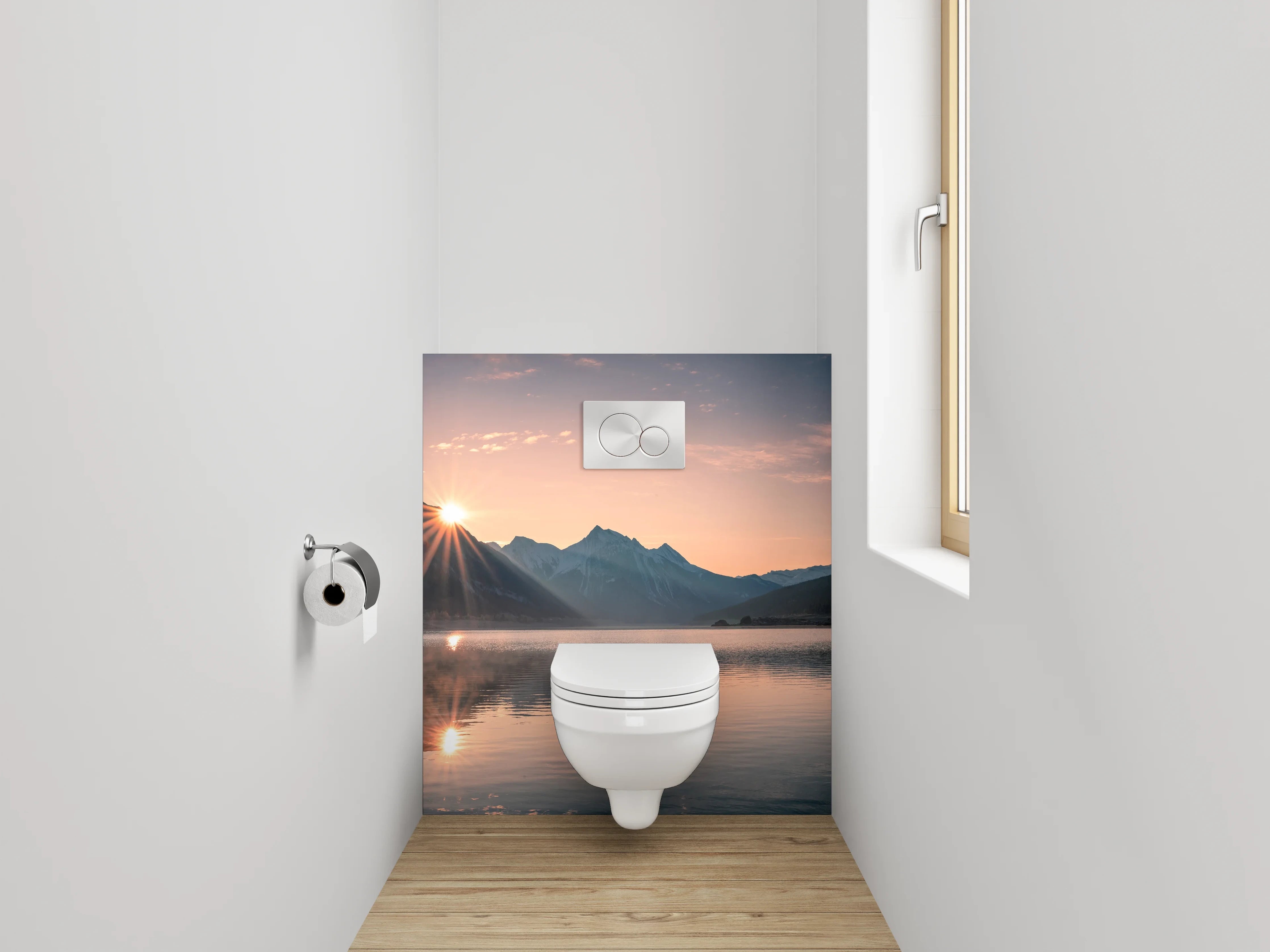 WC-Rückwand - Morgendämmerung in silbergrauer Bergidylle