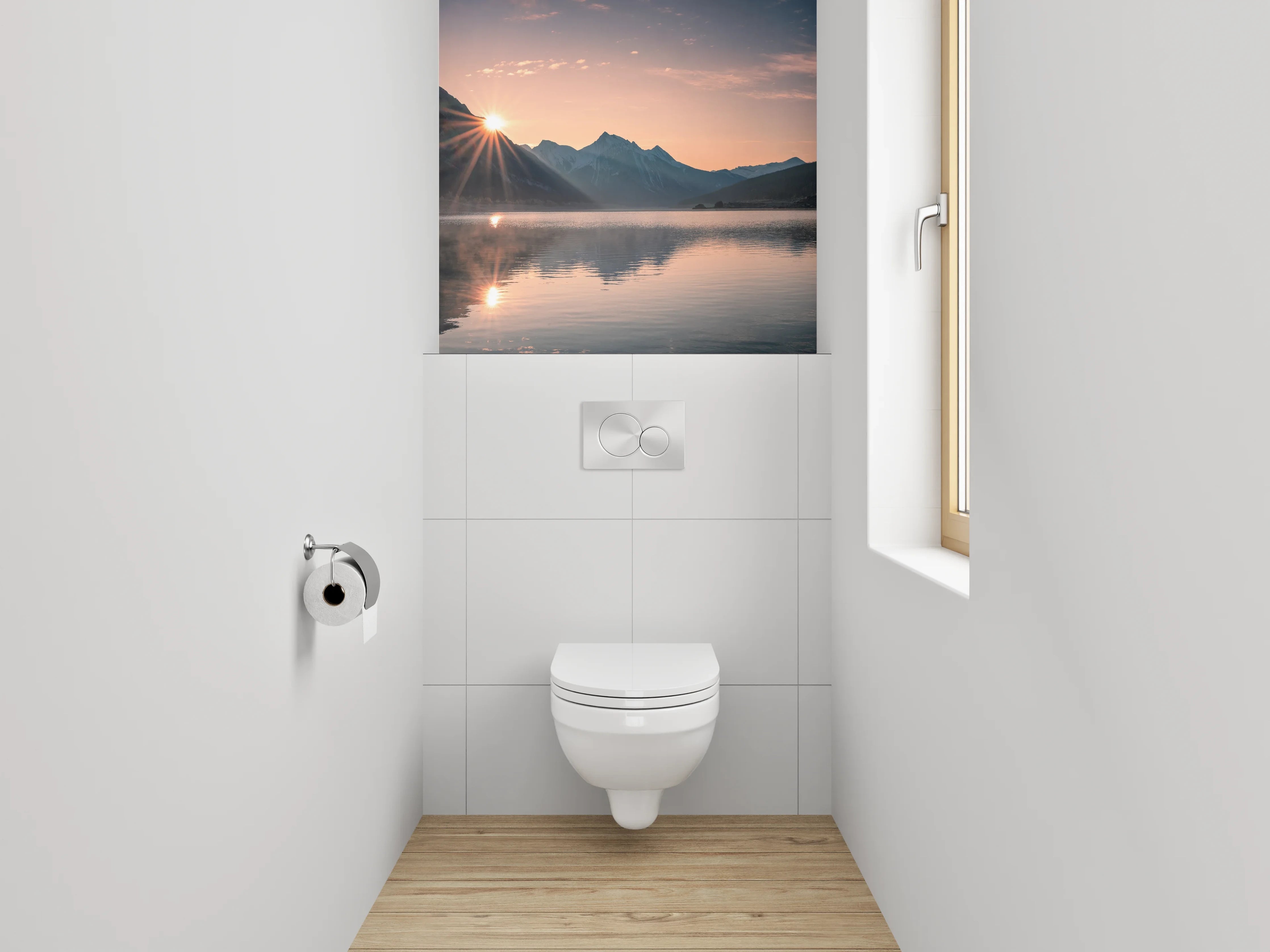 WC-Rückwand - Morgendämmerung in silbergrauer Bergidylle
