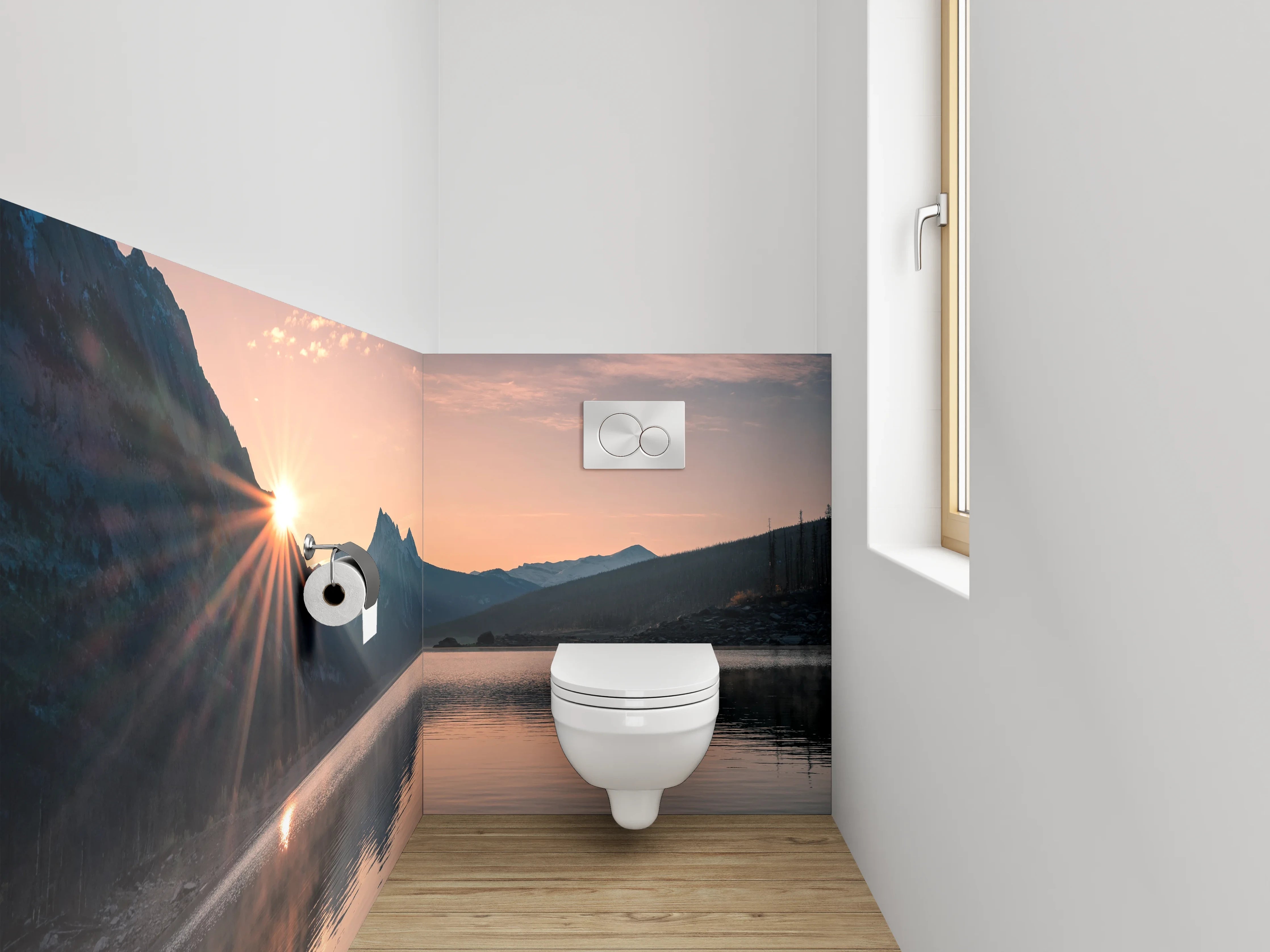 WC-Rückwand - Morgendämmerung in silbergrauer Bergidylle