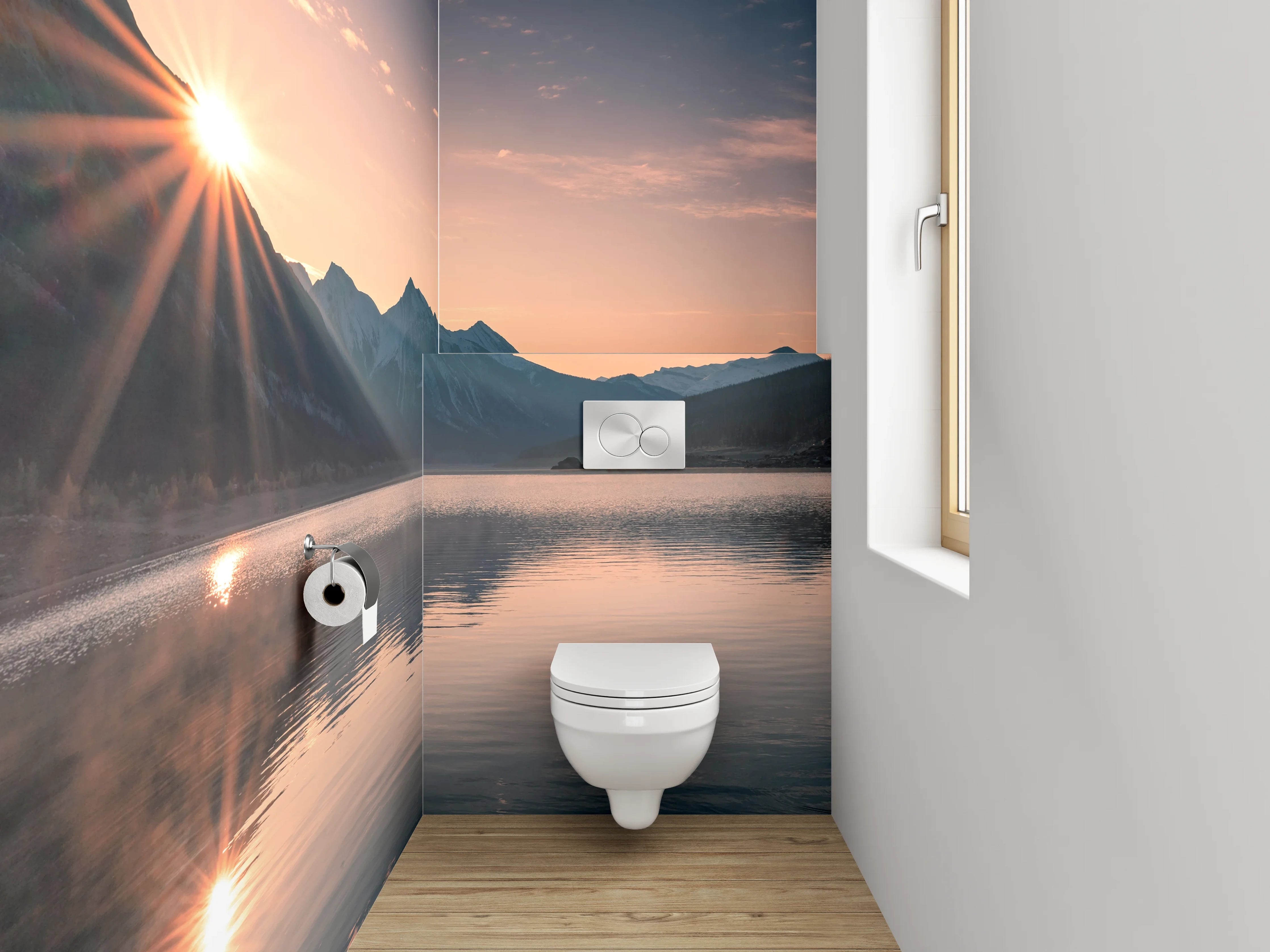 WC-Rückwand - Morgendämmerung in silbergrauer Bergidylle