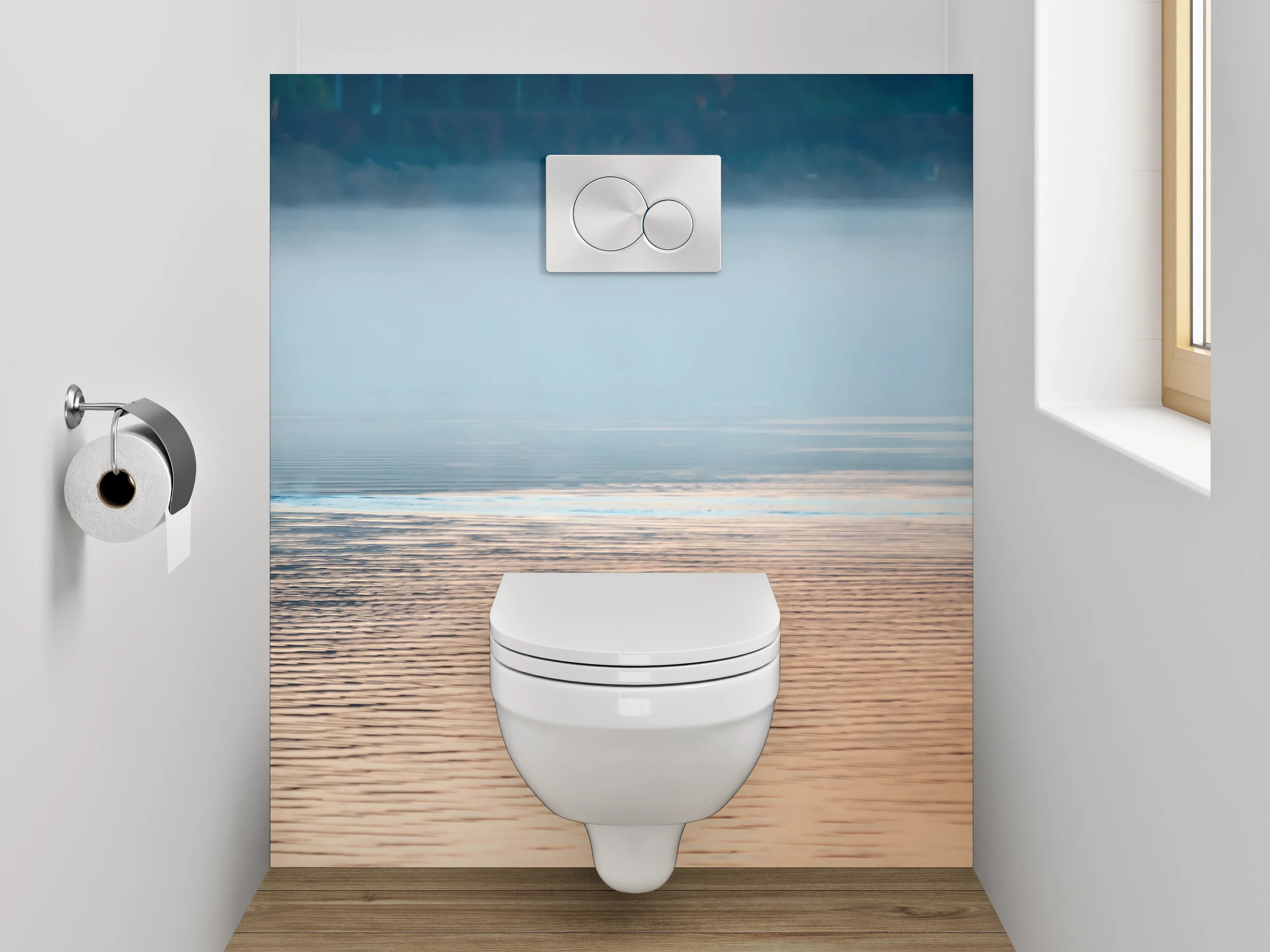 WC-Rückwand - Morgendliche Angleridylle am See