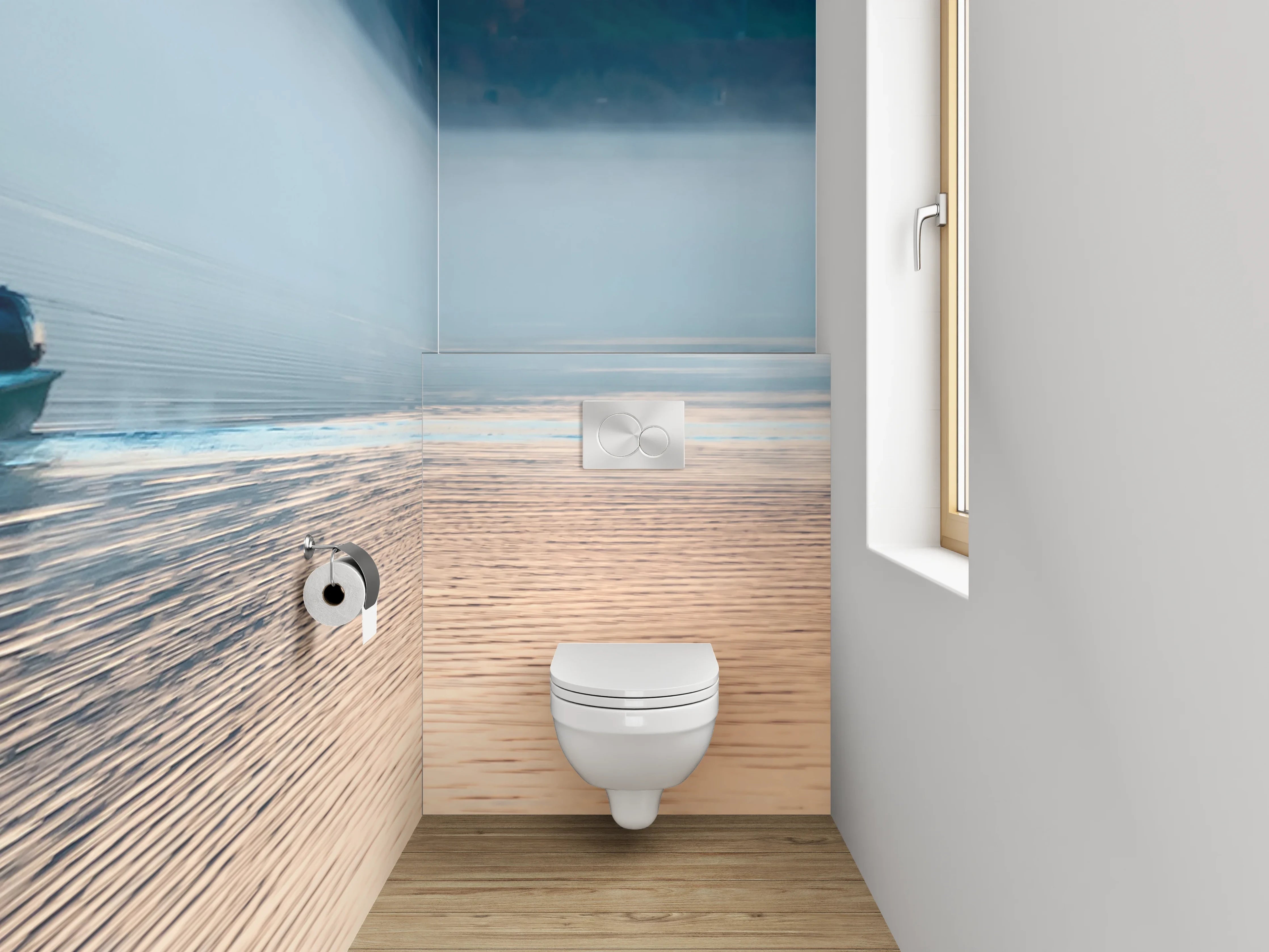 WC-Rückwand - Morgendliche Angleridylle am See